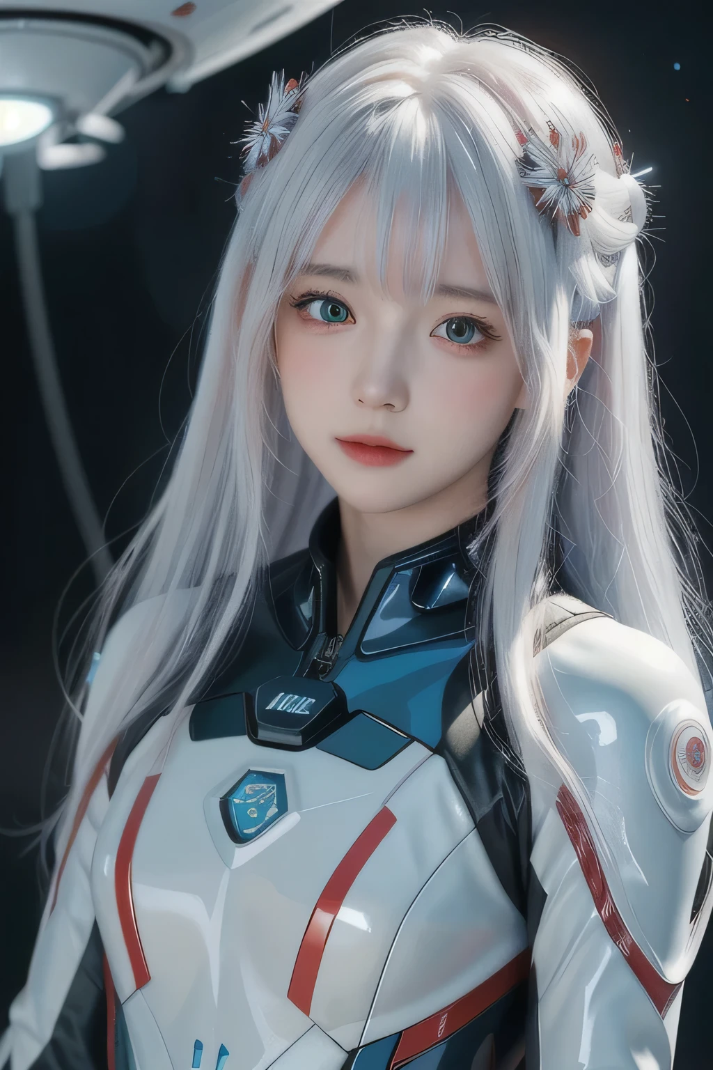 ((best quality)), ((masterpiece)),,((ultra-detailed)), extremely detailed CG, , (an extremely delicate and beautiful), 1girl, solo, ((cute face)),(beautiful detailed eyes), red eyes,white hair, shiny hair, colored inner hair,Ice rose,Ice hair ornaments,adorns,, [ice crystal],, crystal,((floating hair)), ((caustic)),((disheveled hair)),watercolor_(medium),detailed background,fluttered detailed splashs,An AI girl in a sleek spacesuit, floating in the zero-gravity environment of a spaceship, with a view of a distant galaxy through the large windows.