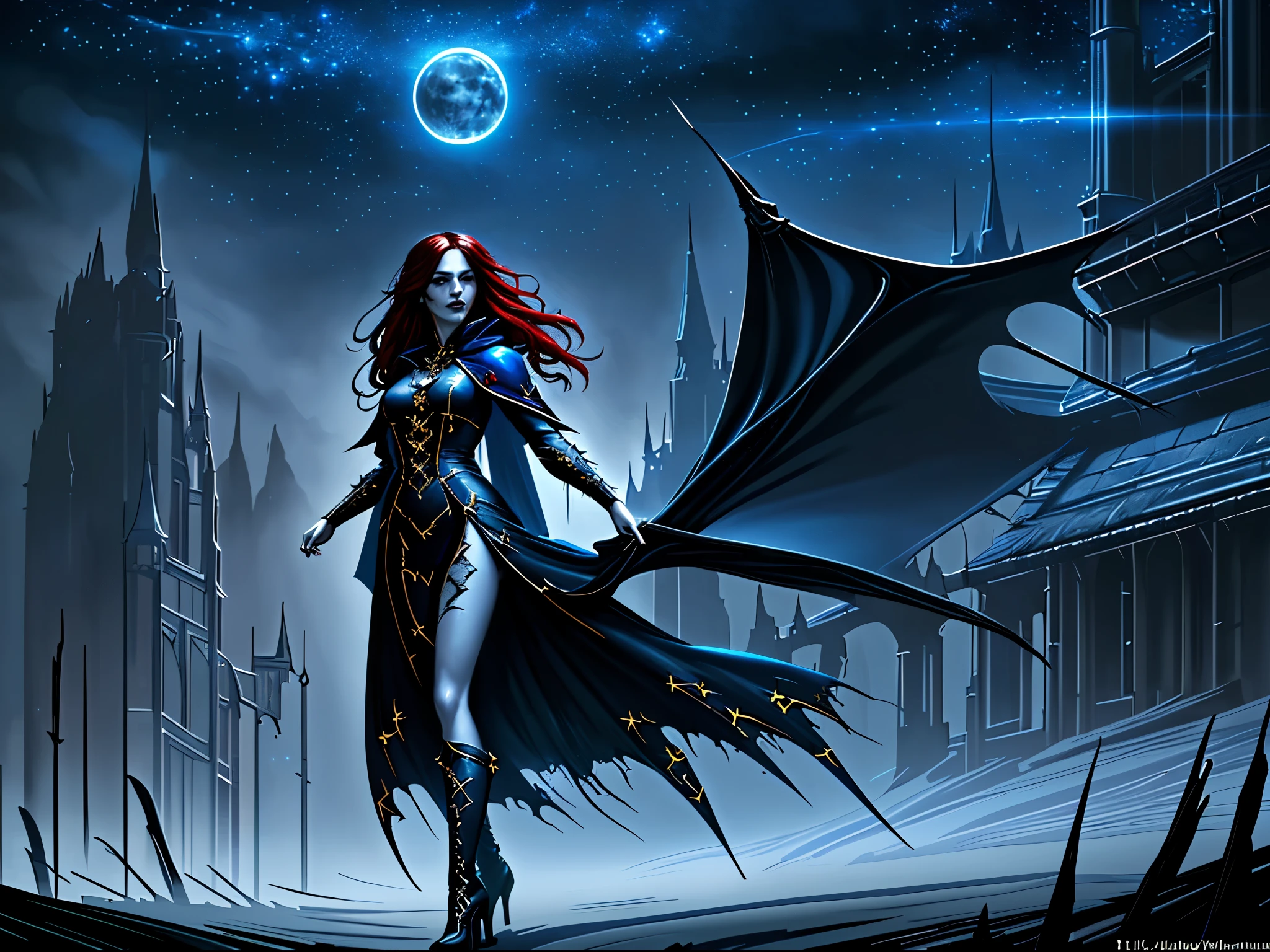 a photorealistic fantasy art picture of an exquisite beautiful female vampire standing under the starry night sky on the porch of her castle, dynamic angle (ultra detailed, Masterpiece, best quality, fantasy art), ultra detailed face (ultra detailed, Masterpiece, best quality, fantasy art), ultra feminine, right half of body has balck skin, left half of body has white skin, red hair, wavy hair, dynamic eyes color, cold eyes, glowing eyes, intense eyes, dark red lips, [fangs], wearing white dress, elegant style dress (ultra detailed, Masterpiece, best quality, fantasy art), wearing blue cloak (ultra detailed, Masterpiece, best quality, fantasy art), long cloak, flowing cloak (ultra detailed, Masterpiece, best quality, fantasy art), wearing high heeled boots, sky full of stars background, moon, bats flying about, fantasy art, high details, best quality, 16k, [ultra detailed], masterpiece, best quality, (ultra detailed), full body, ultra wide shot, photorealistic, fantasy art, gothic art, many stars, dark fantasy art, gothic art, sense of dread,
