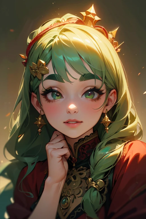 (highest quality, masterpiece:1.2), High resolution, Very detailed, Realistic:1.37, Fantasy, An illustration, Green Eyes、Queen, Red lace dress.Platinum decoration、beautifully、Eyeshadow Red、Thick eyebrows、Long eyelashes、pupils are black、Her hair is dark green、Gold crown、Kissing Face、Embarrassing、Beloved by the crowd、Hair is green、Braiding、hair ornaments、Laugh gently、