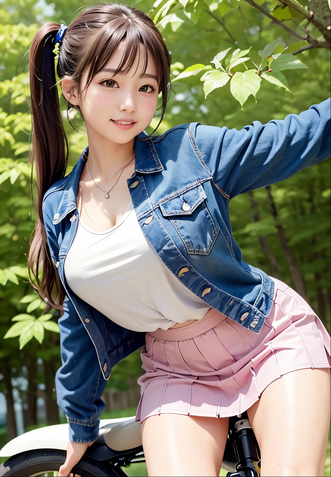 (highest quality,masterpiece:1.3,Ultra-high resolution),(Very detailed、Caustics) (Realistic:1.4, RAW shooting、)Ultra-Realistic Capture、Very detailed、Natural skin texture、masterpiece、(Japanese woman wearing a light pink t-shirt, mini jeans skirt and dark brown jacket:1.3), Adorable expression、Expressions of happiness、、Height: 160cm、Young Face、Amazingly cute、Twin tails、Straight hair、Scrunchie、Black Hair、light makeup、necklace、H cup big breasts、Shining thighs、Background in detail、smile、An inviting gaze、Anatomically correct、Cowboy Shot、Attention to detail、Photographed on the main street of a summer resort、Empty Hands、Short leather jacket、Riding a motorcycle