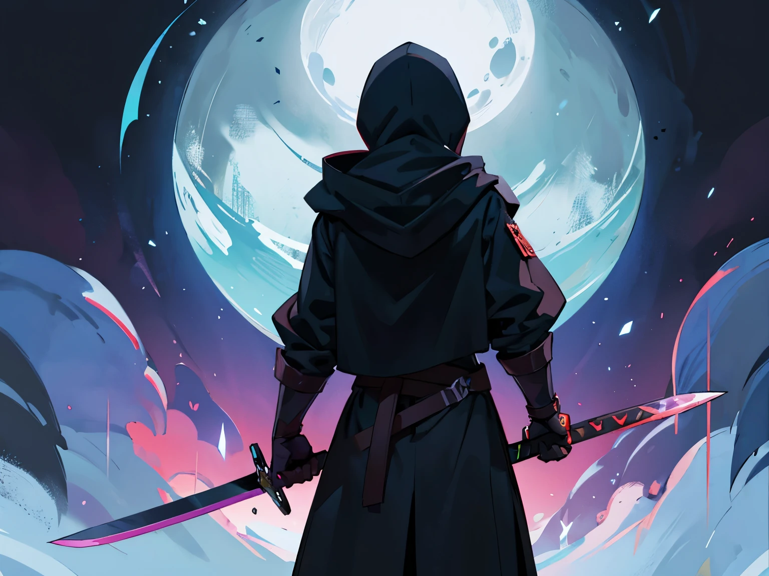Dark Hooded man holding a sword. back turned