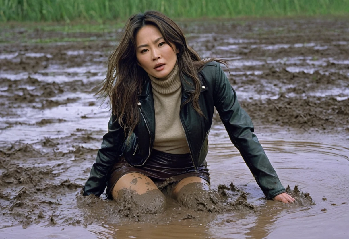 8k, ultra-detailed, grainy film photo, masterpiece, physical-based rendering, ultra-detailed, side view:1.0, vivid, muffled colors, muted light:1.2, intensive dry-humping movements:1.4, stockings, pencil mini-skirt, messy leather jacket, turtleneck sweater:1.3, touches herself, natural texture, mature depraved woman drowning in mud swamp, long messy brunette hair, asian, beige, brown, creating a wave of dirt around you