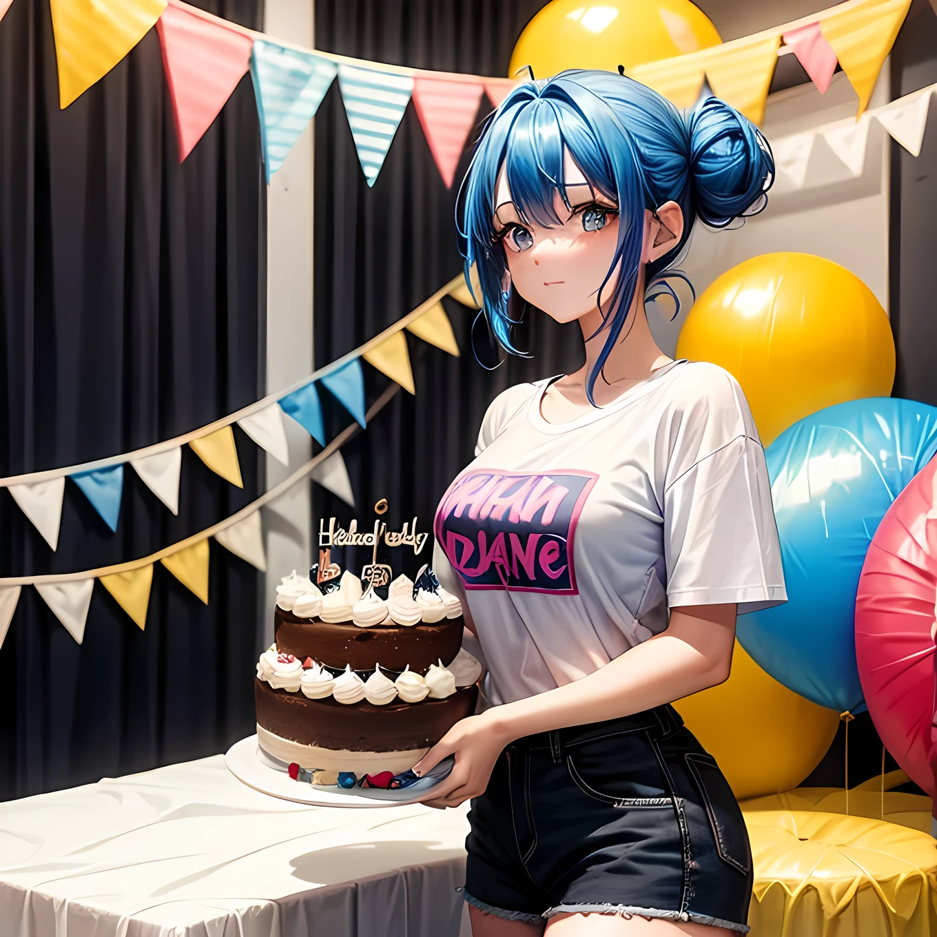A blue-haired, Hair tied back into a round bun. yellow-eyed, blushing she is holding a cake at her birthday party. Wear a normal t-shirt. black shorts