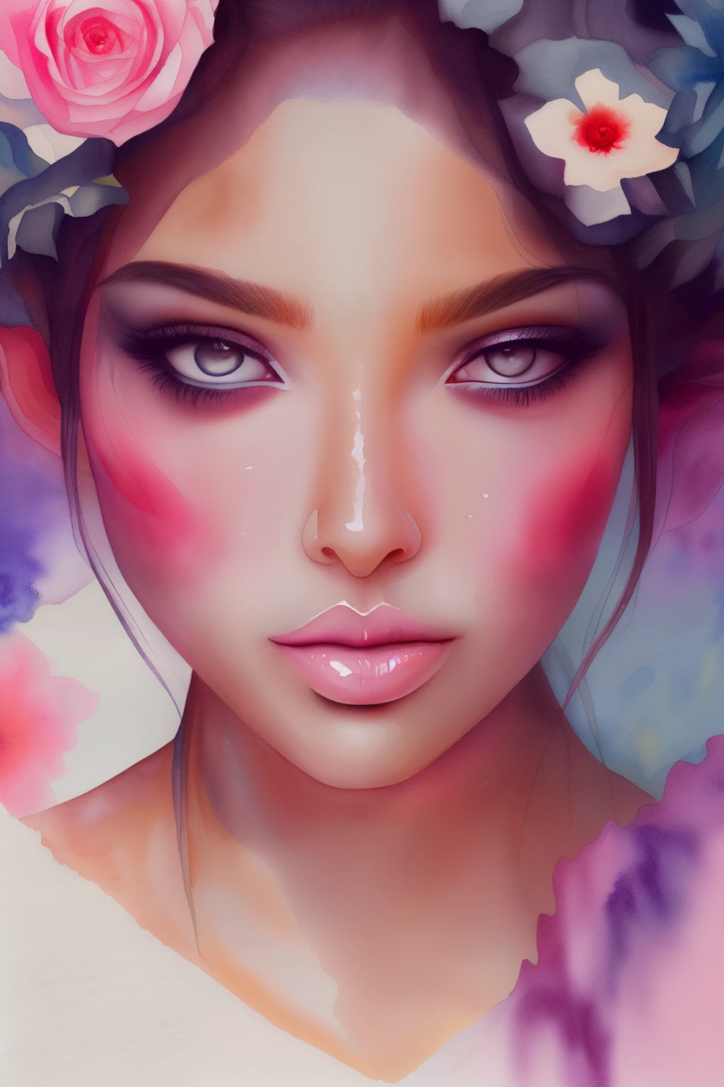 This is a realistic and detailed watercolor fantasy image. Generate a beautiful ethereal woman with beautiful detailed eyes and puffy lips. The woman's face is interesting and perfect, and she is magical and sweet. The aesthetic of the image is sweet watercolor painting. In the trending style of Art Station.