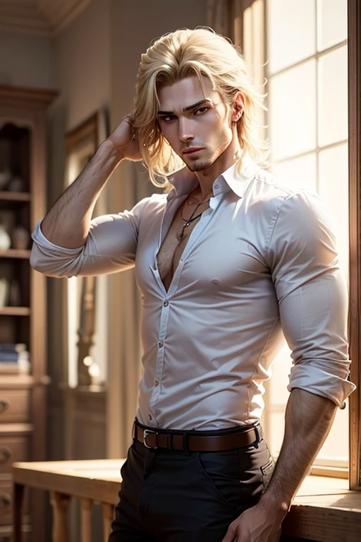 homme blond aux cheveux long, avec une chemise