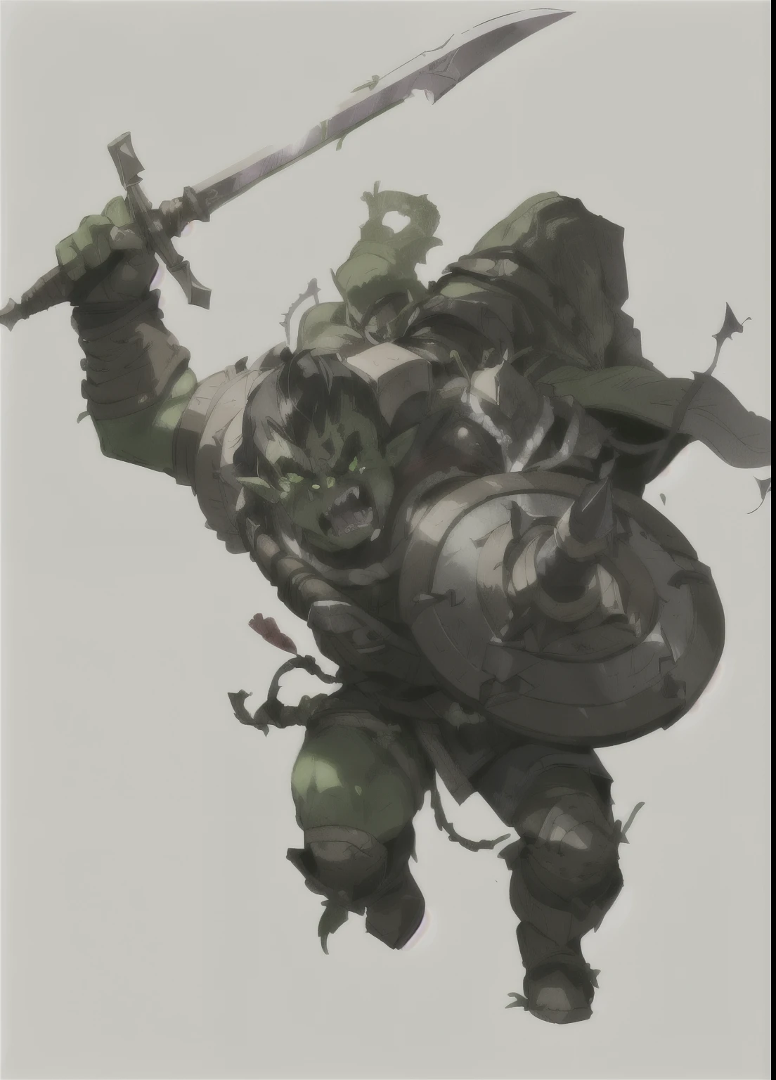 a close up of a person holding a sword and shield, orc warrior, orc, drak fantasy goblin, d&d goblin rogue, orc themed, an orc, green orc female, an ork, from pathfinder, menacing orc, ork, half - orc, grog strongjaw, d & d fantasy character, orcs, orc merged with vines
