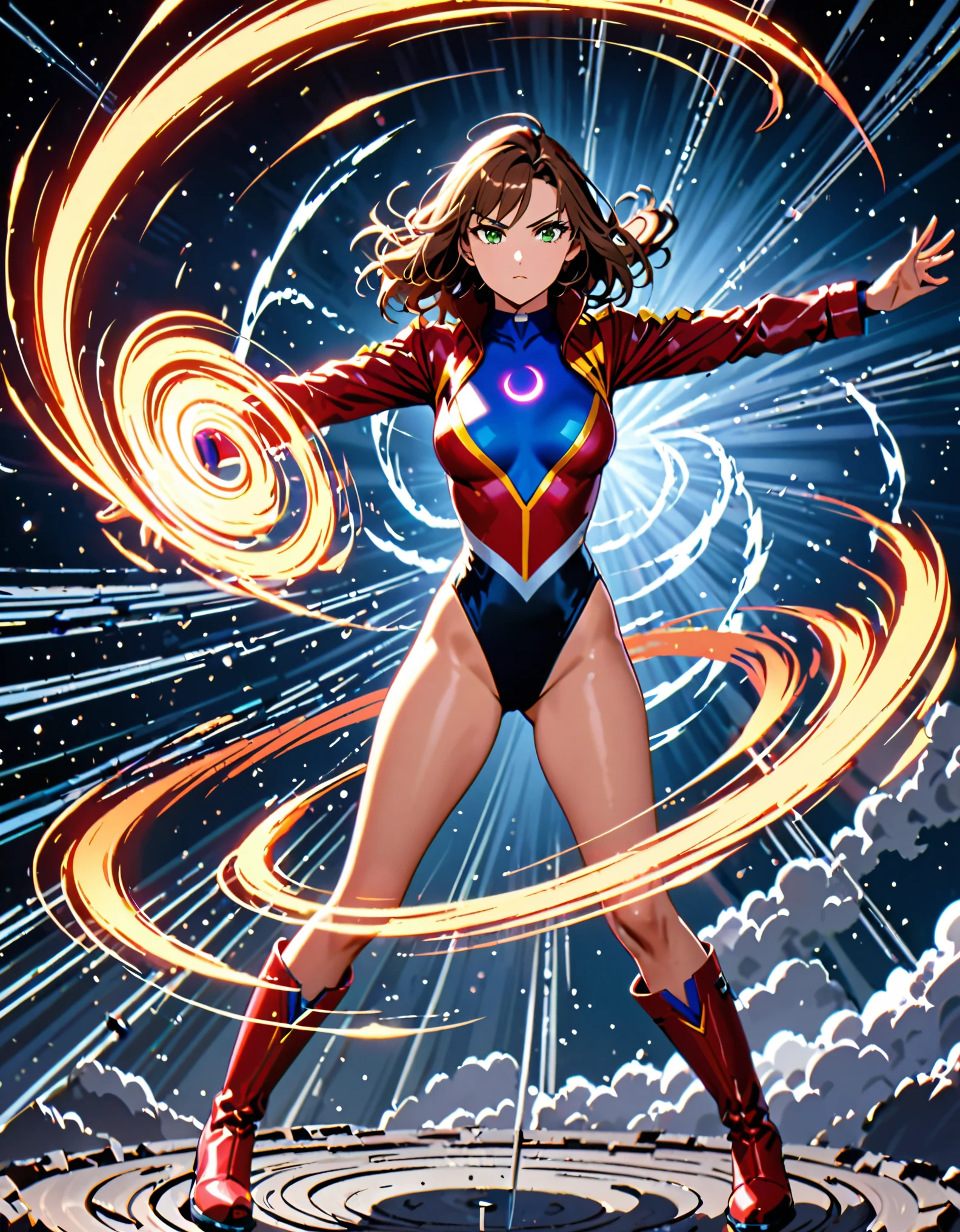 (masterpiece), (best quality), (high res), 1lady, tall body, beautiful detailed eyes, beautiful detailed face, serious, perfect hands, complete fingers, perfect anatomy, perfect proportions, ((brown hair, medium hair)), ((green eyes)), ((leotard, red leotard, matching leotard)), ((white dress collar, open collar)), ((bare legs)), ((boots, matching boots, ankle-high boots, red boots)), breasts, medium breasts, (full body portrait), looking at viewer, (solo, solo focus), cowboy shot, space backdrop, ((yellow V (symbol) on chest)), ((red leather jacket, open jacket)), full body costume design. ((raised arms, (spins fast) in place like a (tornado), raised arms, (legs closed, standing position), (she spins) at an incredible speed, creating a whirlwind of air around her, cyclone spinning)), ((spiral lines, spinning energy pulse around her)). Curved Sword Slash.