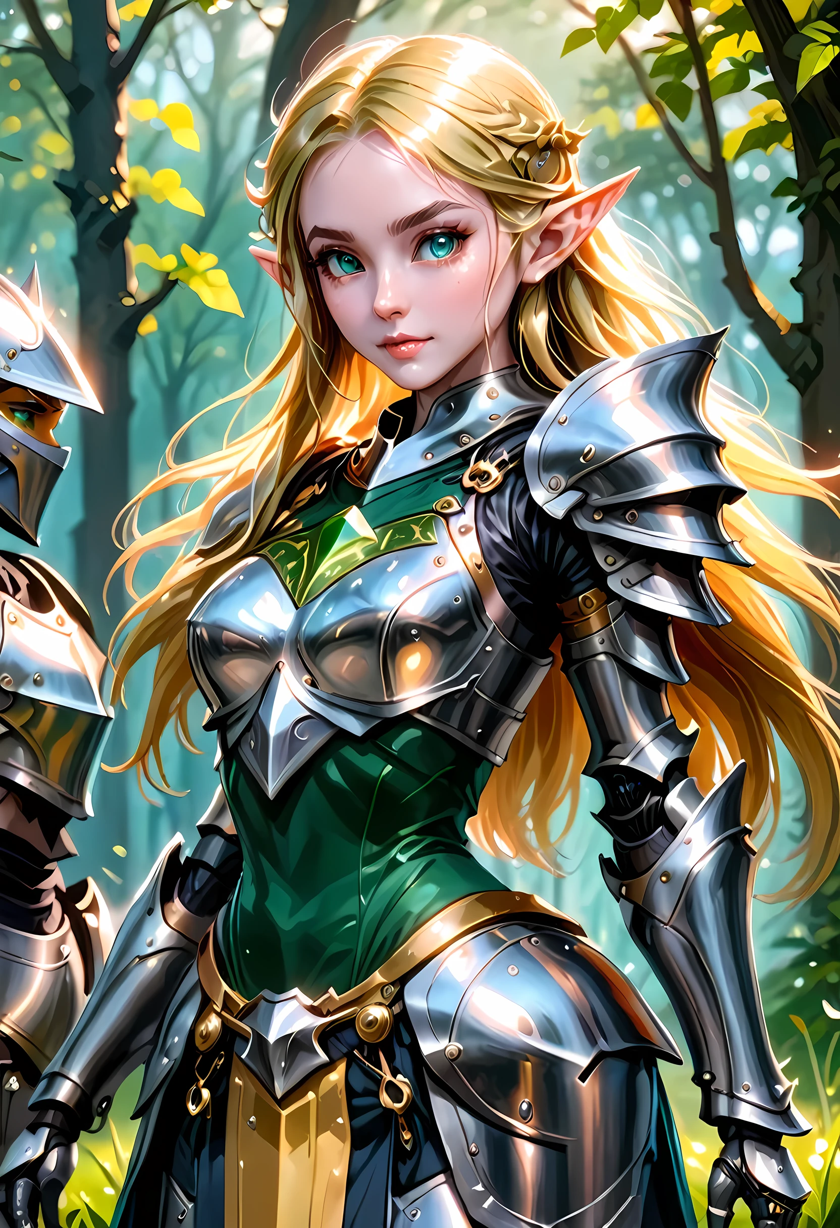 high details, best quality, 16k, [ultra detailed], masterpiece, best quality, (extremely detailed), full body, ultra wide shot, photorealistic, , fantasy art, dnd art, rpg art, realistic art, a wide angle, (((anatomically correct))) a wallpaper of an elf knight, elf warrior, princess knight, shinning knight, ready for battle with her mount (intense details, Masterpiece, best quality: 1.5), female elf (intense details, Masterpiece, best quality: 1.5), ultra detailed face, ultra feminine, fair skin, exquisite beauty, gold hair, long hair, wavy hair, small pointed ears, dynamic eyes color, wearing heavy mech armor, shinning metal, armed with elven sword, green meadows, blue skies background and some clouds background depth of field (intricate details, Masterpiece, best quality: 1.5), full body (intricate details, Masterpiece, best quality: 1.5), high details, best quality, highres, ultra wide angle, cybrk