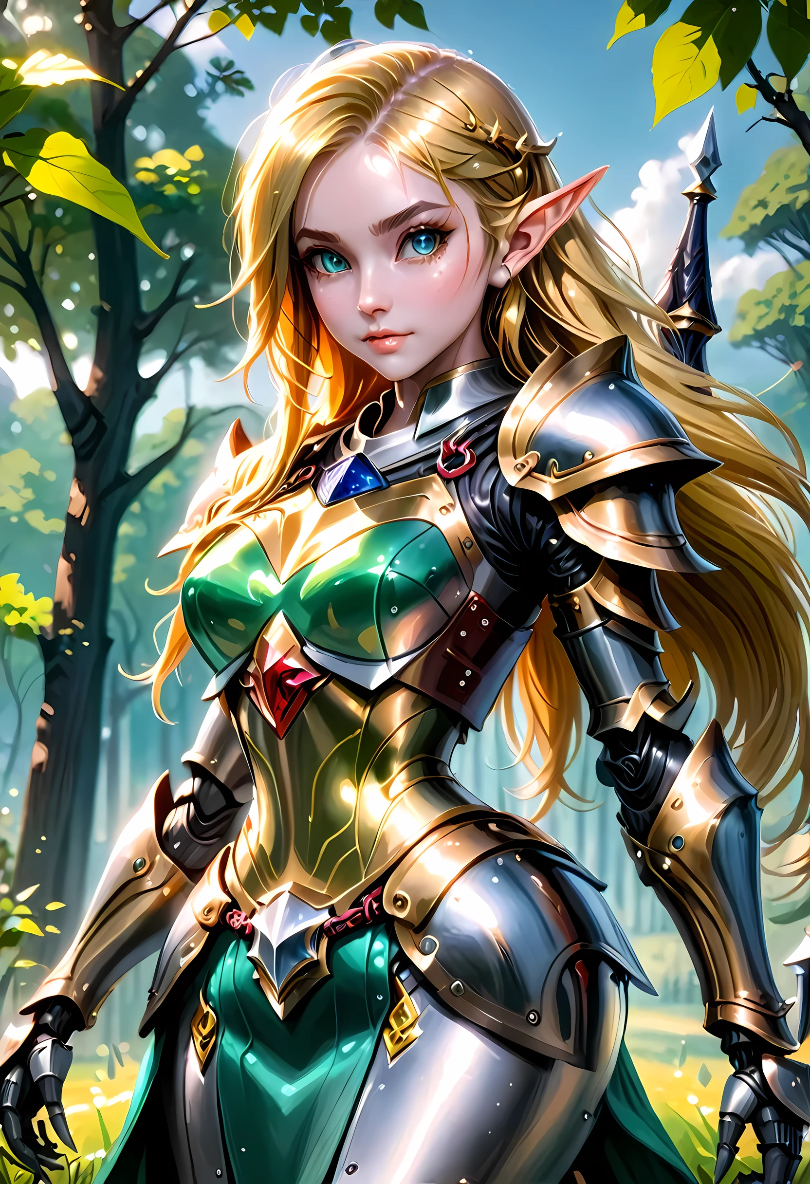 high details, best quality, 16k, [ultra detailed], masterpiece, best quality, (extremely detailed), full body, ultra wide shot, photorealistic, , fantasy art, dnd art, rpg art, realistic art, a wide angle, (((anatomically correct))) a wallpaper of an elf knight, elf warrior, princess knight, shinning knight, ready for battle with her mount (intense details, Masterpiece, best quality: 1.5), female elf (intense details, Masterpiece, best quality: 1.5), ultra detailed face, ultra feminine, fair skin, exquisite beauty, gold hair, long hair, wavy hair, small pointed ears, dynamic eyes color, wearing heavy mech armor, shinning metal, armed with elven sword, green meadows, blue skies background and some clouds background depth of field (intricate details, Masterpiece, best quality: 1.5), full body (intricate details, Masterpiece, best quality: 1.5), high details, best quality, highres, ultra wide angle, cybrk