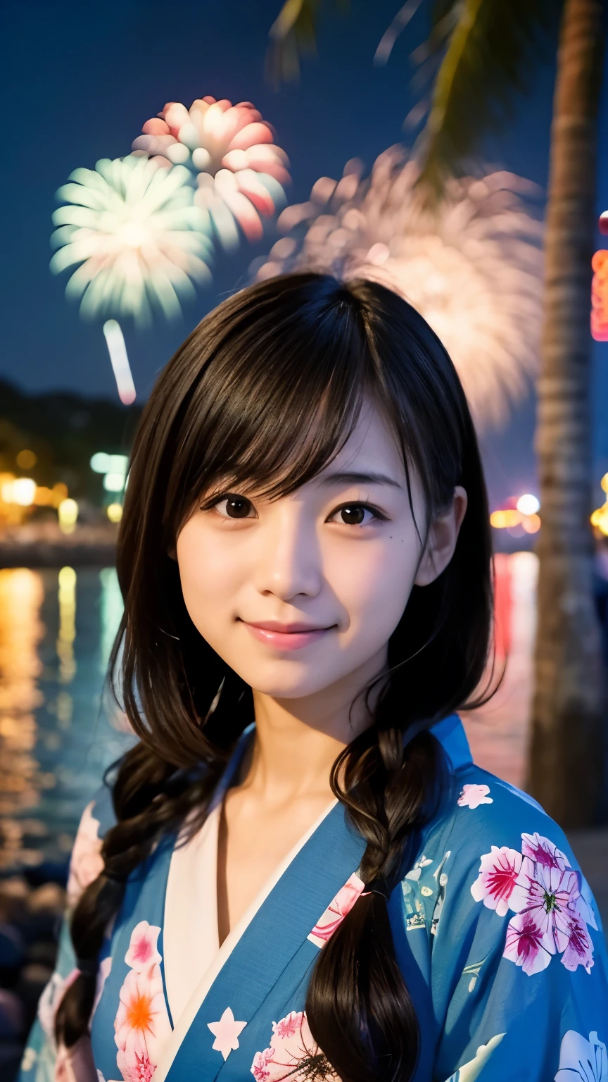 Japanese、Age 25、sister、Randomly generated people with diverse facial features and hairstyles、Perfect Anatomy,Ocean、Beach、firework、Night Sky、打ち上げfirework、yukata