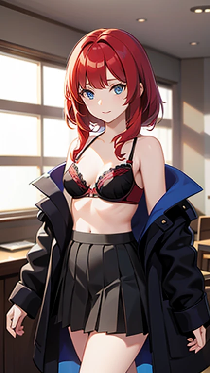An anime girl with red hair and blue eyes wearing a skirt and an open shirt revealing a black and red bra