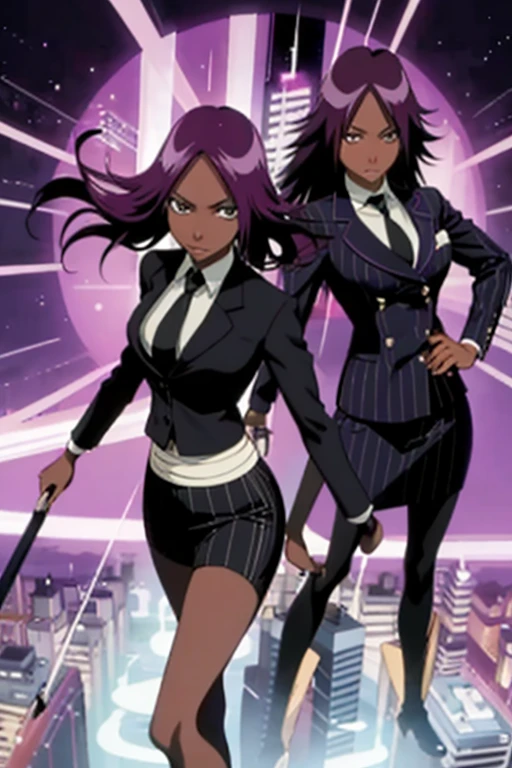  Yoruichi as thin a Black business woman in a double breasted pinstripe purple  skirt suit while wearing a tie with a knee long purple pinstripe skirt full body without the weist band with the skirt on