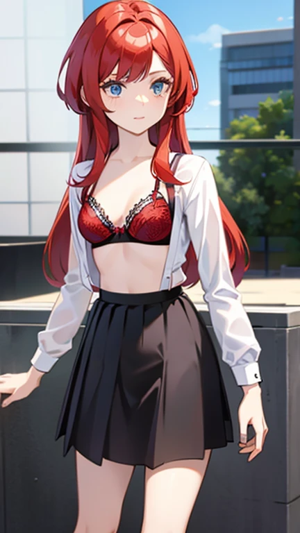An anime girl with red hair and blue eyes wearing a skirt and an open shirt revealing a black and red bra