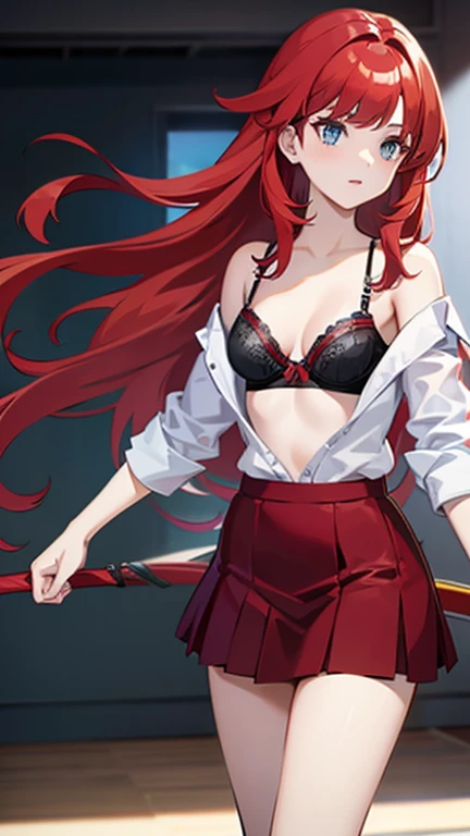 An anime girl with red hair and blue eyes wearing a skirt and an open shirt revealing a black and red bra