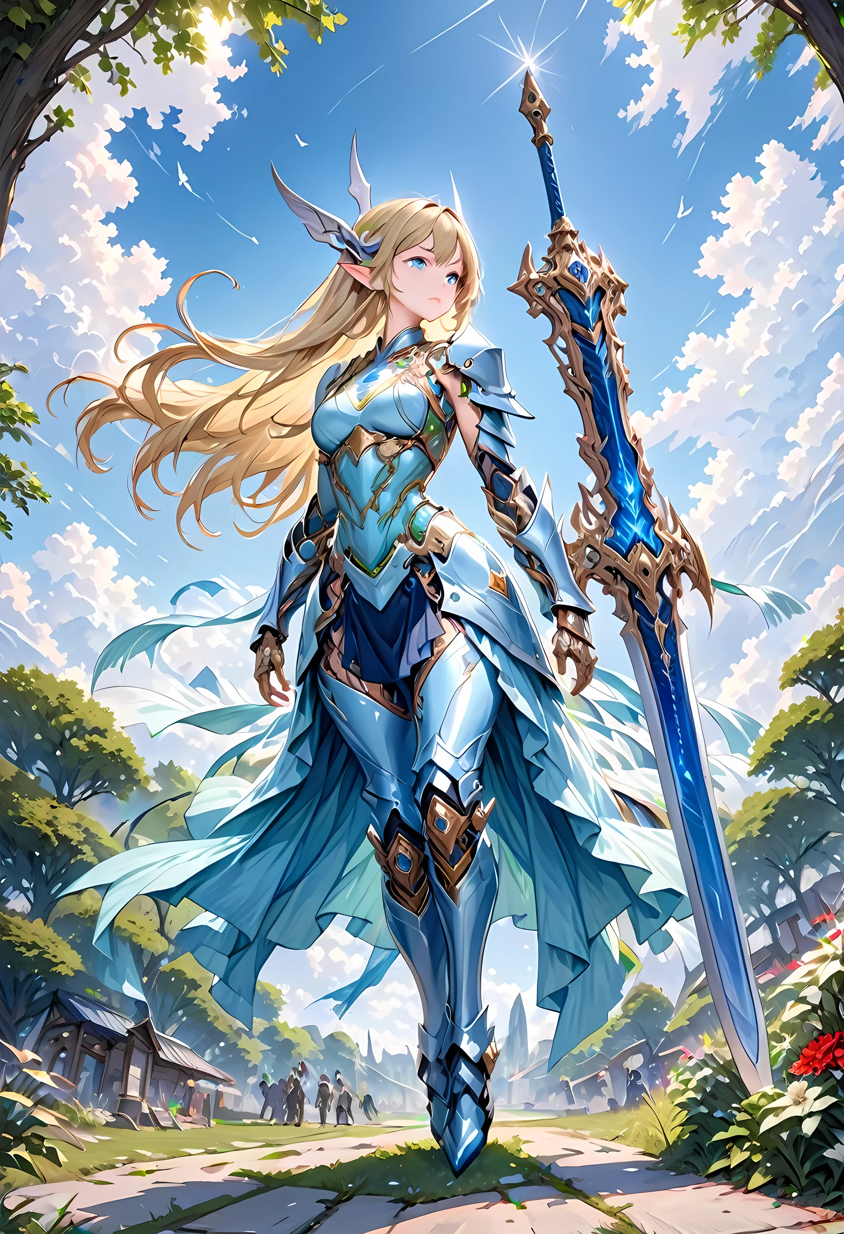 high details, best quality, 16k, [ultra detailed], masterpiece, best quality, (extremely detailed), full body, ultra wide shot, photorealistic, , fantasy art, dnd art, rpg art, realistic art, a wide angle, (((anatomically correct))) a wallpaper of an elf knight, elf warrior, princess knight, shinning knight, ready for battle with her mount (intense details, Masterpiece, best quality: 1.5), female elf (intense details, Masterpiece, best quality: 1.5), ultra detailed face, ultra feminine, fair skin, exquisite beauty, gold hair, long hair, wavy hair, small pointed ears, dynamic eyes color, wearing heavy mech armor, shinning metal, armed with elven sword, green meadows, blue skies background and some clouds background depth of field (intricate details, Masterpiece, best quality: 1.5), full body (intricate details, Masterpiece, best quality: 1.5), high details, best quality, highres, ultra wide angle, cybrk