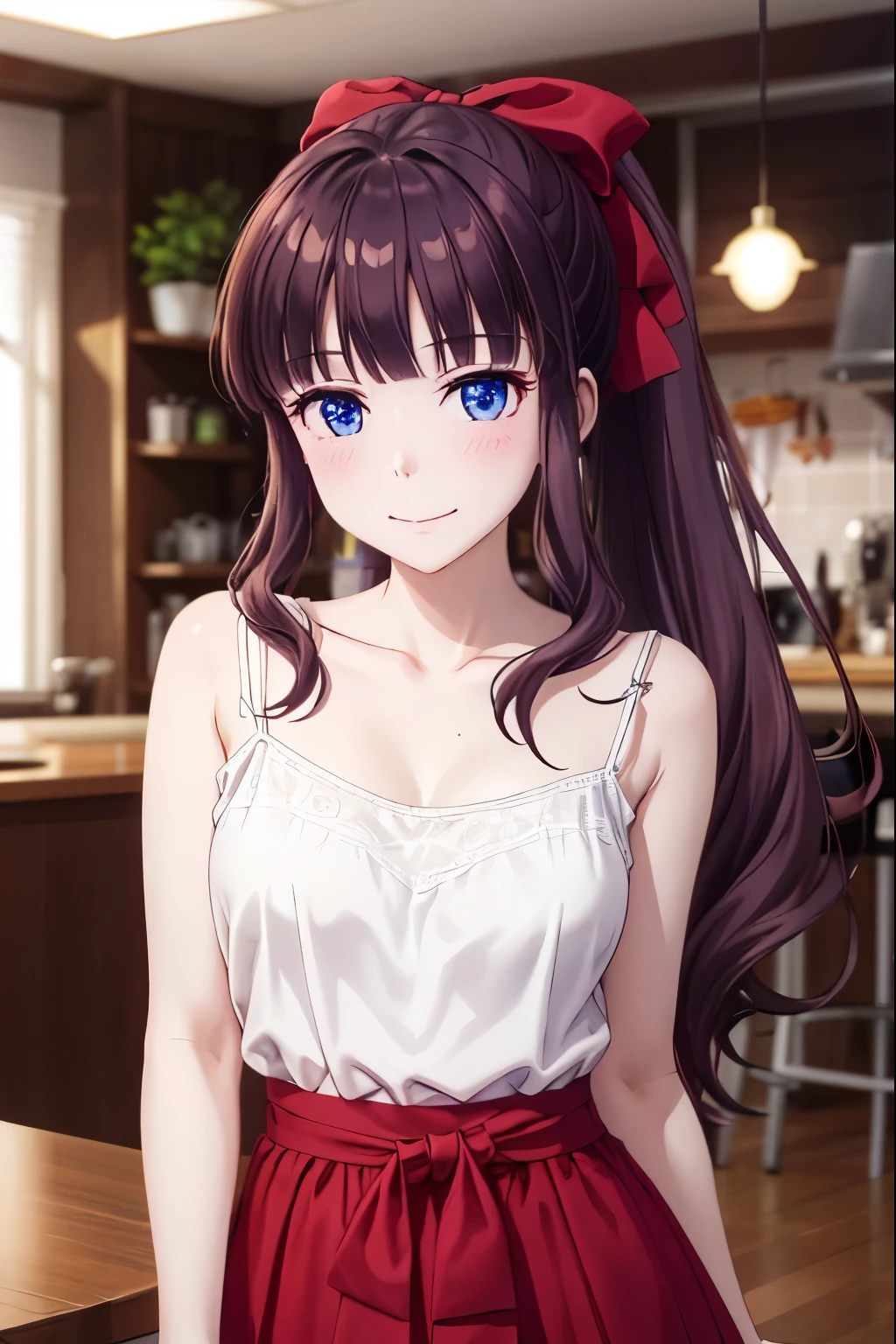 Hifumi Mitokimoto、Hifumi Takimoto、Long Hair,Closed Mouth、smile、bangs、blue eyes、ponytail、Purple Hair、Hair Bows、high quality、Shooting from the front、lovely、Beautiful thighs、nice waist、skirt、White T-shirt、白色のcamisole 非常に詳細な顔, Perfect lighting, Extremely detailed CG,camisole、Party Dresses、Cowboy Shot、