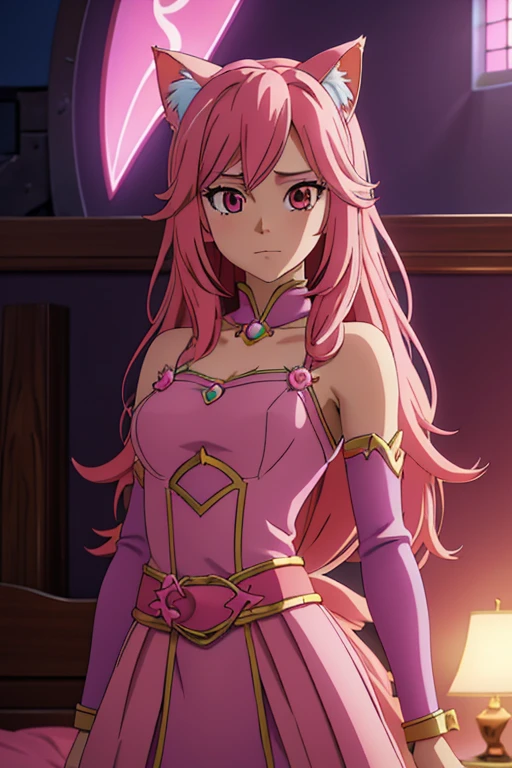 A beautiful detailed girl with long pink hair, wearing a pink outfit, with cat ears and a cat tail, ethereal fae fantasy, highly detailed, photorealistic, 8K, HDR, cinematic lighting, colorful, vibrant colors, intricate details, elegant, mystical, magical realism