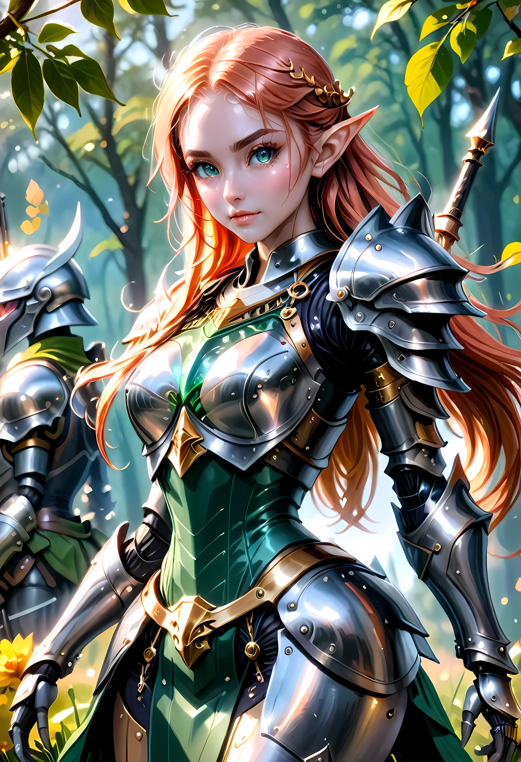 high details, best quality, 16k, [ultra detailed], masterpiece, best quality, (extremely detailed), full body, ultra wide shot, photorealistic, , fantasy art, dnd art, rpg art, realistic art, a wide angle, (((anatomically correct))) a wallpaper of an elf knight, elf warrior, princess knight, shinning knight, ready for battle with her mount (intense details, Masterpiece, best quality: 1.5), female elf (intense details, Masterpiece, best quality: 1.5), ultra detailed face, ultra feminine, fair skin, exquisite beauty, gold hair, long hair, wavy hair, small pointed ears, dynamic eyes color, wearing heavy mech armor, shinning metal, armed with elven sword, green meadows, blue skies background and some clouds background depth of field (intricate details, Masterpiece, best quality: 1.5), full body (intricate details, Masterpiece, best quality: 1.5), high details, best quality, highres, ultra wide angle, cybrk