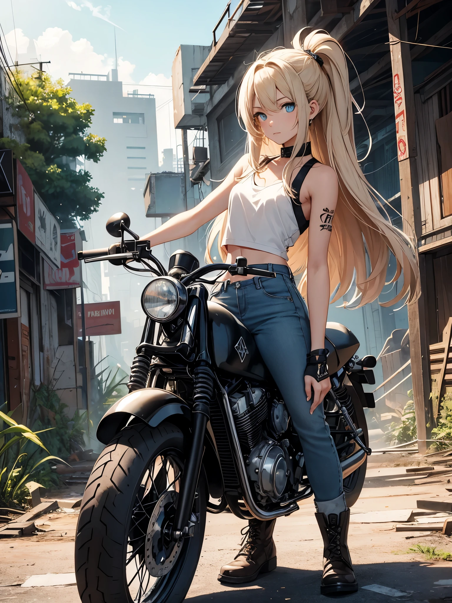 masterpiece, highest quality,One girl,(Watercolor):1.2,Pencil sketch,break,18-year-old, (jitome), Delicious flat chest, (cyan eye):1.2, Long Hair, Straight Hair,Blonde,empty_eye,break(red_Runes_amount_tattoo):1.8,break White tank top,Denim shorts, Fingerless gloves, Work boots,hip hop, Punk Style, Lock, Dark brown leather jacket,Expressionless,A small smile,breakA photorealistic image of a young girl, Eliana, about 18-year-old, In the ruins of an abandoned city at dusk、Riding a vintage black 1970s style bike. The scene captures her in a Cowboy Shot, An enthusiastic run through a ruined urban landscape. There are many collapsed buildings in the ruins, Lush vegetation, and scattered debris, A stark contrast to the magical glow emanating from her bike.. Eliana is in side profile, Focus on your path, her long ブルネット hair flowing behind her. The background conveys a sense of desolation and mystery., Strengthening the post-apocalyptic fantasy setting.breakmasterpiece, highest quality, Super detailed, High resolution,4K,(Super detailed:1.4), up to date,breakduch angle,Cowboy Shot,