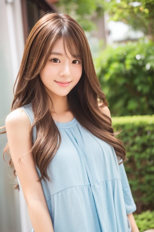 One girl, Japanese, cute older sister, semi-long hair, brown hair color, clothes are casual, selfie, background is outside view, upper body only, realistic girl, top quality image,