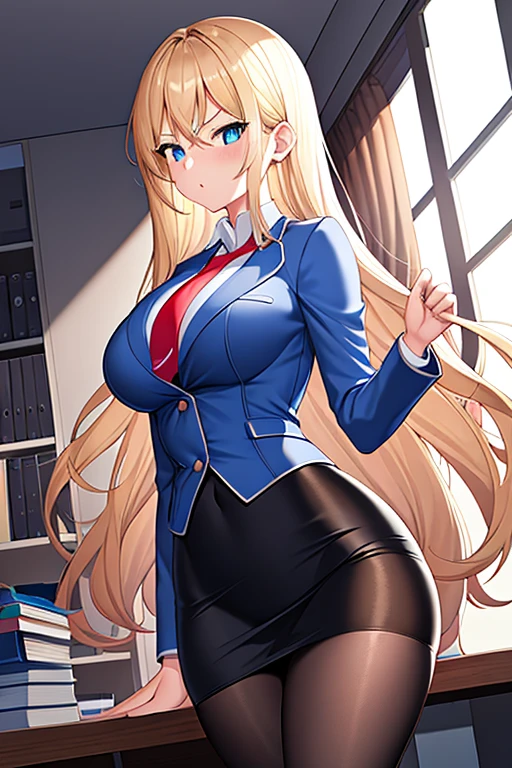 1girl, office, blonde hair, long hair, blue eyes, serious, hourglass figure, breasts, wide hips, blue jacket, jacket, white shirt, shirt, red necktie, necktie, pencil skirt, skirt, black pantyhose, pantyhose, 