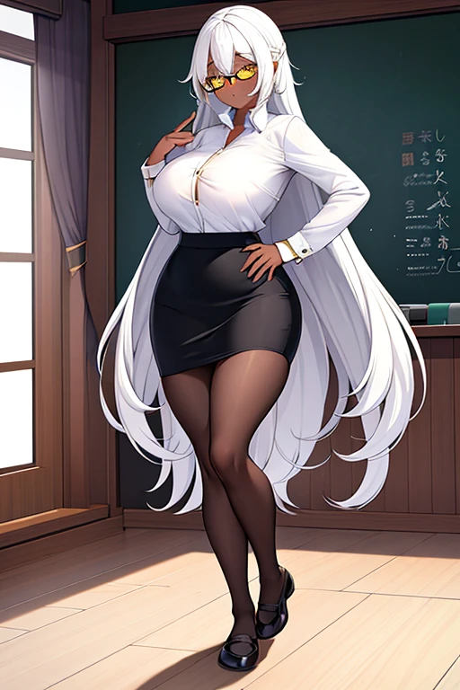 1girl, dark skin, white hair, long hair, yellow eyes, breasts, white shirt, button shirt, skirt, pencil skirt, pantyhose, teacher, classroom, glasses, mature female, hourglass figure, full_body, ((full body))