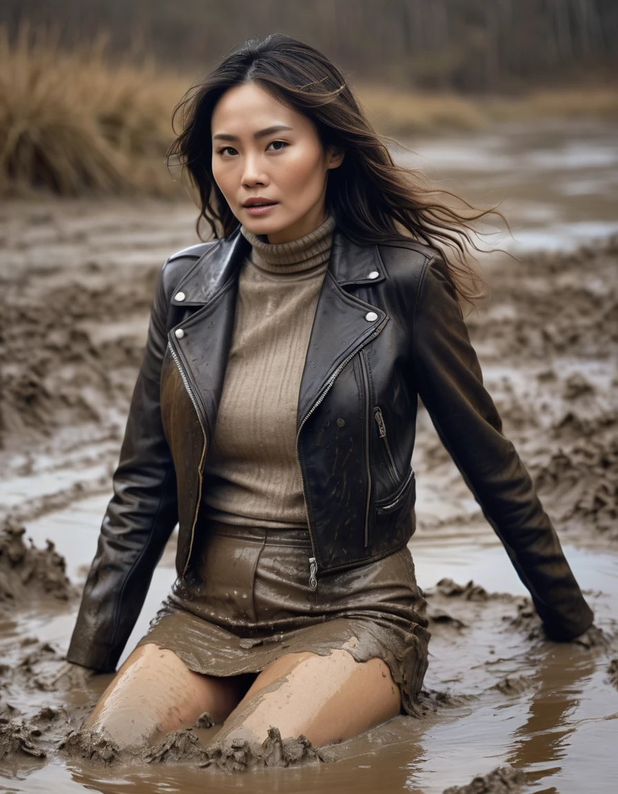 8k, ultra-detailed, grainy film photo, masterpiece, physical-based rendering, ultra-detailed, side view:1.0, vivid, muffled colors, muted light:1.2, intensive dry-humping movements:1.4, stockings, pencil mini-skirt, messy leather jacket, turtleneck sweater:1.3, touches herself, natural texture, mature depraved woman drowning in mud swamp, long messy brunette hair, asian, beige, brown, creating a wave of dirt around you