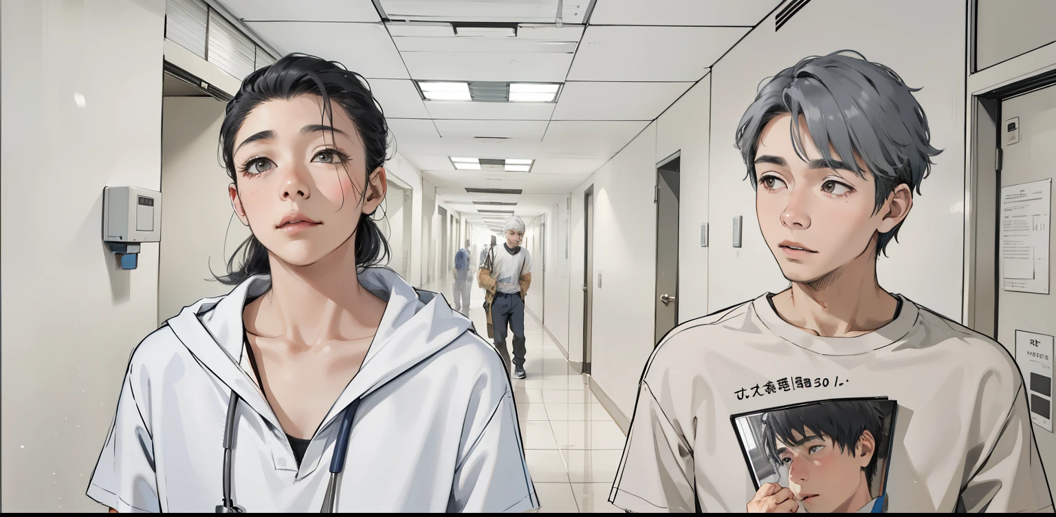 A woman of her son and a cute  boy have gray eyes and gray hair are walking down the hallway of a hospital