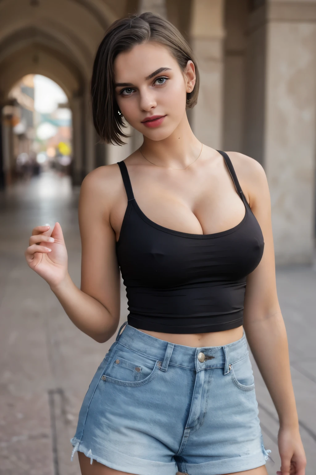 fashion model, tomboy, skinny, thin, slim, lean, slender, nubile, posing for picture, very short blonde hair, blueeyes, natural lighting, armpits, thin waist, thin hips, perfect lips, young, youthful, teenenagersty teen, huge bts, eyeliner, lipstick, tank top, shorts, walt disney world