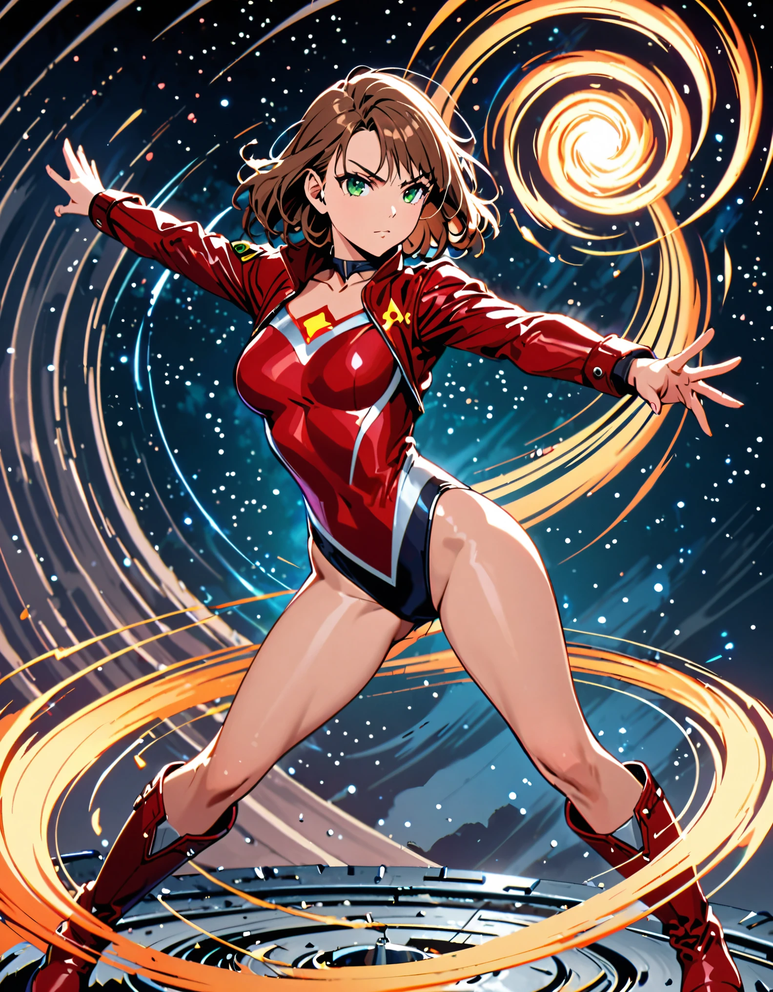 (masterpiece), (best quality), (high res), 1lady, tall body, beautiful detailed eyes, beautiful detailed face, serious, perfect hands, complete fingers, perfect anatomy, perfect proportions, ((brown hair, medium hair)), ((green eyes)), ((leotard, red leotard, matching leotard)), ((white dress collar, open collar)), ((bare legs)), ((boots, matching boots, ankle-high boots, red boots)), breasts, medium breasts, (full body portrait), looking at viewer, (solo, solo focus), cowboy shot, space backdrop, ((yellow V (symbol) on chest)), ((red leather jacket, open jacket)), full body costume design. (((spins fast) in place like a (tornado), raised arms, (legs together, standing position), (she spins) at an incredible speed, creating a whirlwind of air around her, cyclone spinning)), ((spiral lines, spinning energy pulse around her)). Curved Sword Slash.