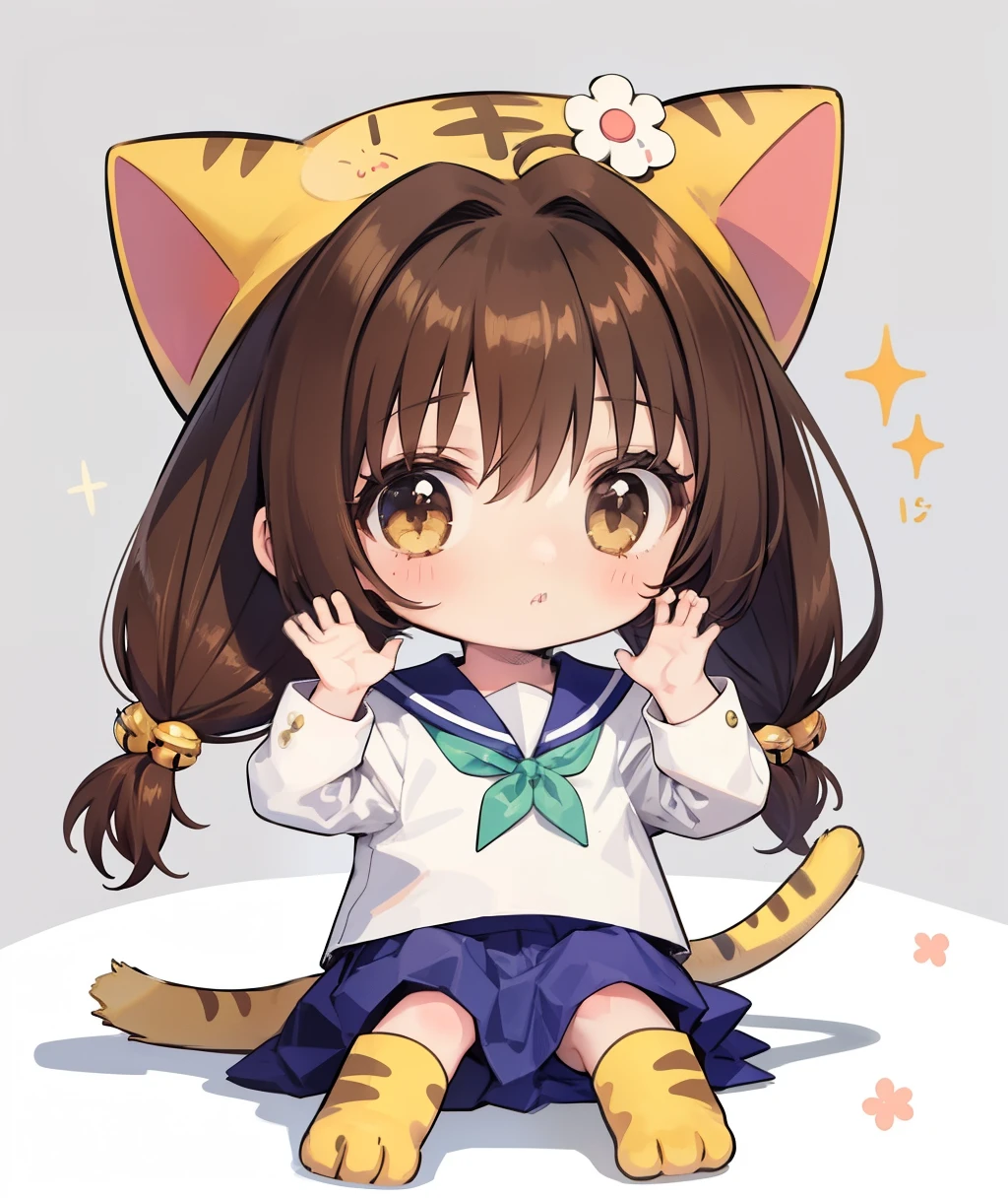 puchiko, 1girl, solo, brown hair, brown eyes, tail, hat, long hair, serafuku, chibi, twintails, bell, hair ornament, animal hat, cat ears, blue skirt, head_tilt, sitting, polka_dot_background 