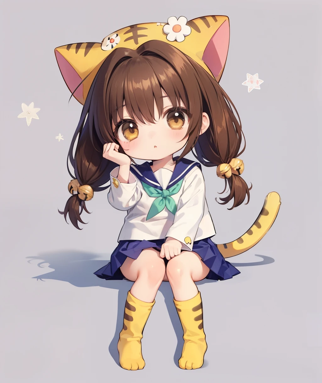 puchiko, 1girl, solo, brown hair, brown eyes, tail, hat, long hair, serafuku, chibi, twintails, bell, hair ornament, animal hat, cat ears, blue skirt, head_tilt, sitting, polka_dot_background 