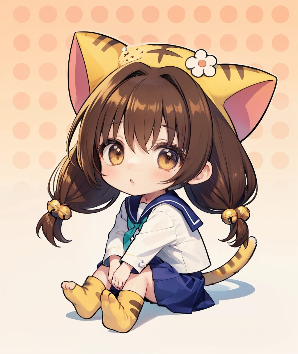 puchiko, 1girl, solo, brown hair, brown eyes, tail, hat, long hair, serafuku, chibi, twintails, bell, hair ornament, animal hat, cat ears, blue skirt, head_tilt, sitting, polka_dot_background 