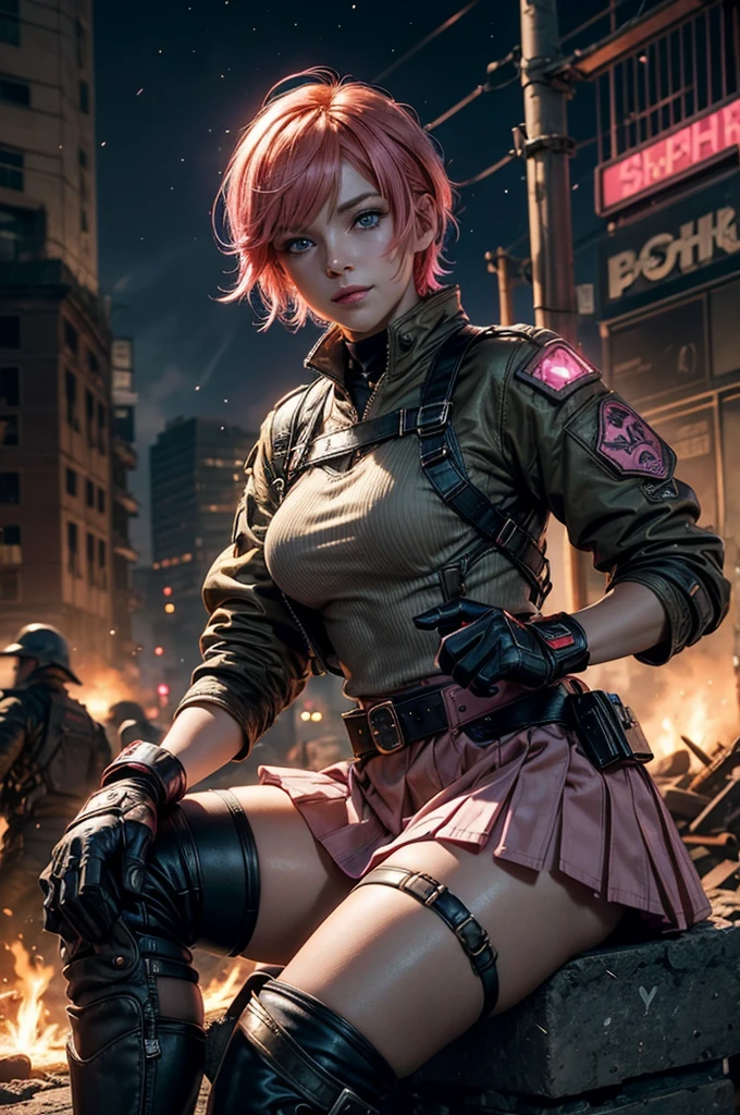  1girl,cowboy shot, beautiful nora_valkyrie, looking at viewer, smile, short hair, blue eyes, heart cutout, gloves,  jacket, pink skirt, pink belt, short sleeves, puffy sleeves, single armband, fingerless gloves, short hair, orange hair, pink gloves, dynamic pose, night, lightning, sitting on old suspension bridge, river, post-apocalypse, dystopian future, crowd, (crowd in military uniforms), bonfires, (volumetric lighting), best quality, masterpiece, intricate details, tonemapping, sharp focus, hyper detailed, trending on Artstation,