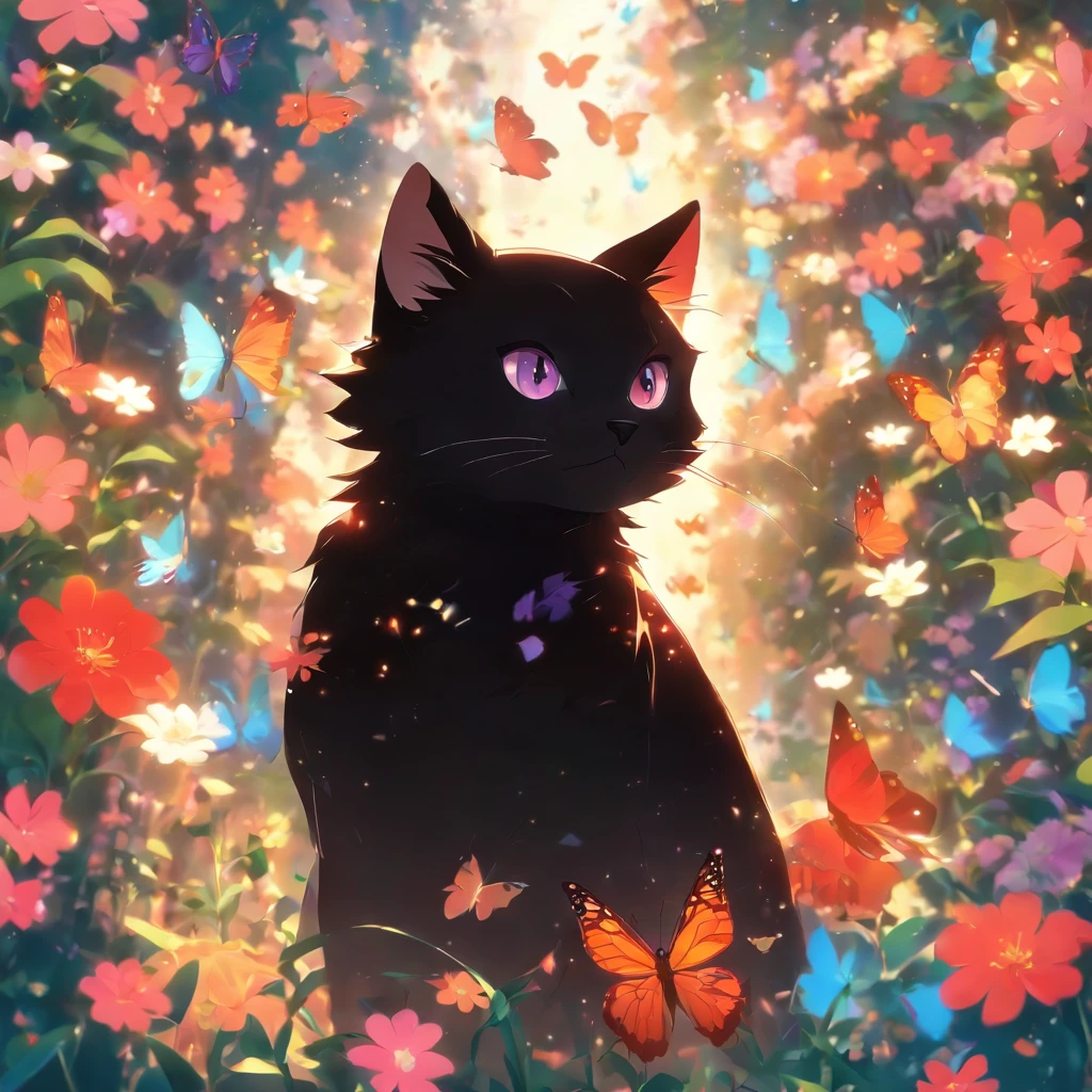 Black cat sitting、Watch the butterflies fly among the flowers