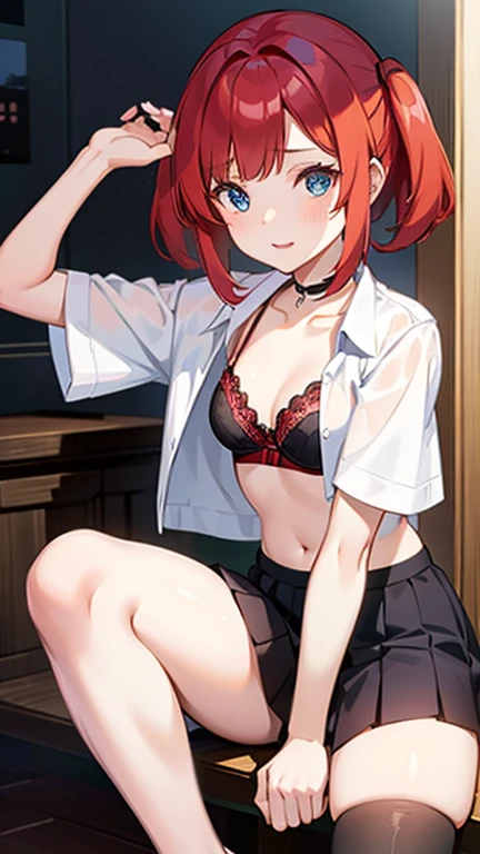 An anime girl with red hair and blue eyes wearing a skirt and an open shirt revealing a black and red bra