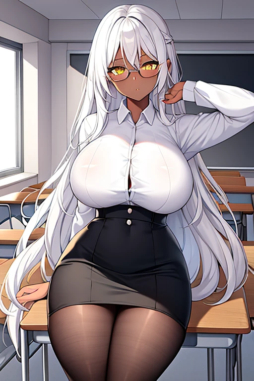 1girl, dark skin, white hair, long hair, yellow eyes, thick thighs, large breasts, white shirt, button shirt, skirt, pencil skirt, pantyhose, teacher, classroom, glasses, mature female, hourglass figure,