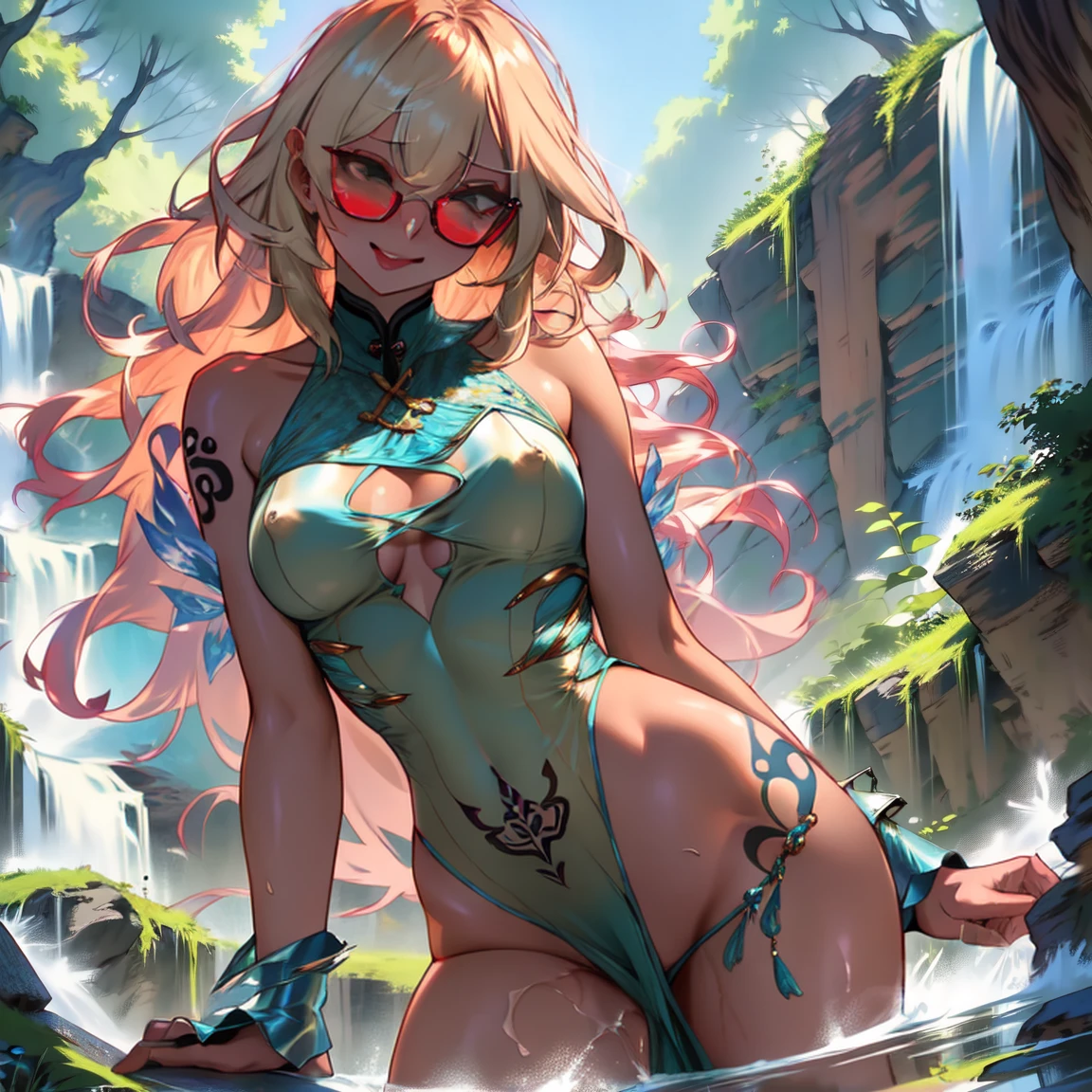 (masterpiece, best quality:1.2), cowboy shot, (solo, 1girl):1.3, glasses, long fluffy pink hair, gorgeous body, cowboy shot, slight smile, crop top, (sexy very transparent (brown) leotard), stomach, navel exposed, natural mid breasts, brown breast nipples shown under the transparency of the leotard, tanned skin, wet body and clothes, sexual pose in a gorgeous waterfall lying down in a tranquil forest.