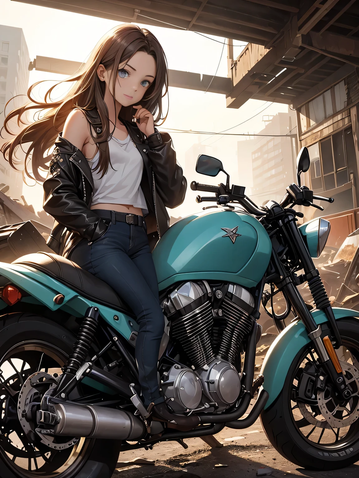 masterpiece, best quality,1girl,(watercolor painting):1.2,pencil sketch,BREAK,18 years old, (jitome), delicious flat chest, (cyan eyes):1.2, long hair, strait hair,blond hair,empty_eyes,BREAK(red_rune_forehead_tattoo):1.8,BREAK White tank top,denim shorts, fingerless gloves, Work boots,Hip Hop, Punk Look, Chain, darkbrown leather jacket,Expressionless,small smile,BREAKA photorealistic image of a young girl, Eliana, about 18 years old, riding her vintage 1970s-style black motorcycle through the ruins of an abandoned city at dusk. The scene captures her in a cowboy shot, riding intently through the decaying urban landscape. The ruins are filled with crumbled buildings, overgrown vegetation, and scattered debris, providing a stark contrast to the magical glow emanating from her motorcycle. Eliana is in side profile, focused on her path, her long ブルネット hair flowing behind her. The background conveys a sense of desolation and mystery, enhancing the post-apocalyptic fantasy setting.BREAKmasterpiece, best quality, ultra detailed, highres,4k,(ultra-detailed:1.4), newest,BREAKduch angle,cowboy shot,