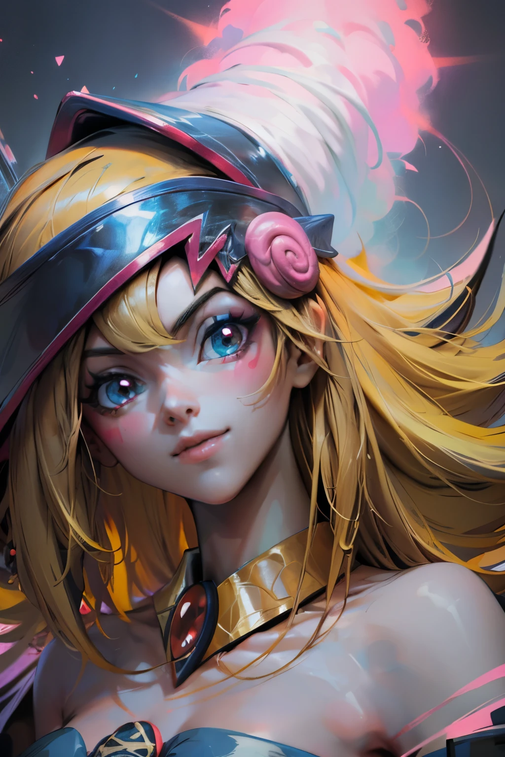 Hermoso rostro de dark magician gils, ojos azules. Labios rosados. Cabello rubio y largo. Ombros descubiertos, sonrisa angelical, hermoso rostro bien detallados de dark magician gils.