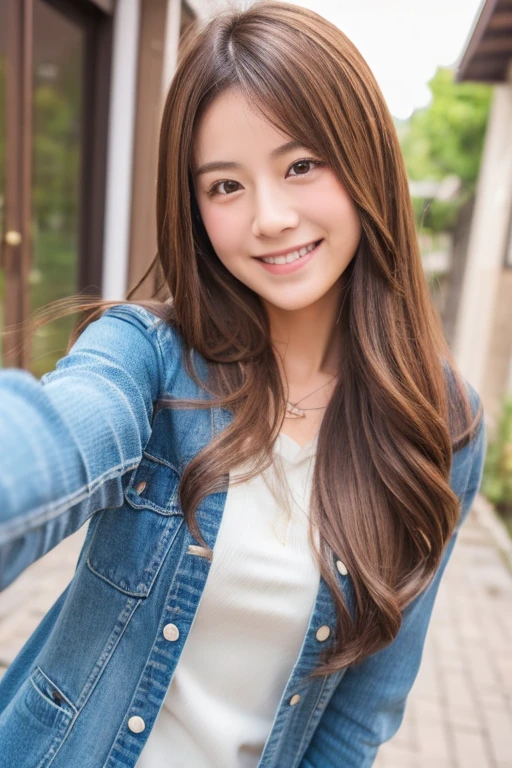 One girl, Japanese, cute older sister, semi-long hair, brown hair color, clothes are casual, selfie, background is outside view, upper body only, close up, realistic girl, smiling at us, top quality image,