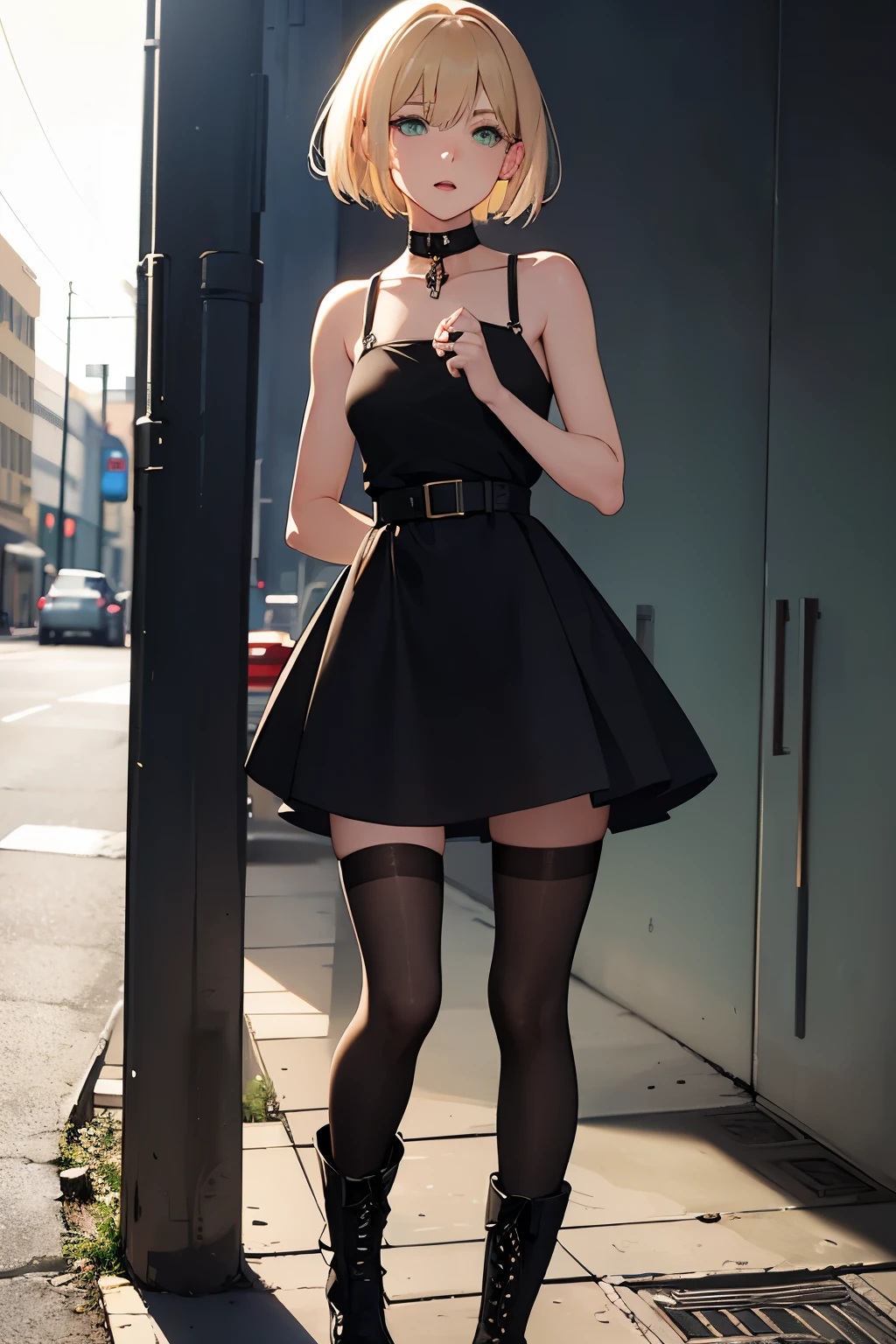 Short hair, light blonde, green eyes, pinkish lips, skinny body, black dress and military boots on her feet 