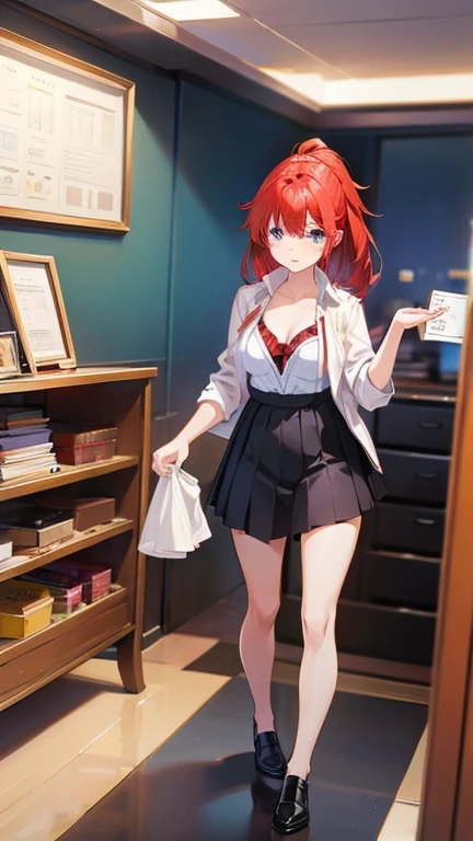 An anime girl with red hair and blue eyes wearing a skirt and an open shirt revealing a black and red bra