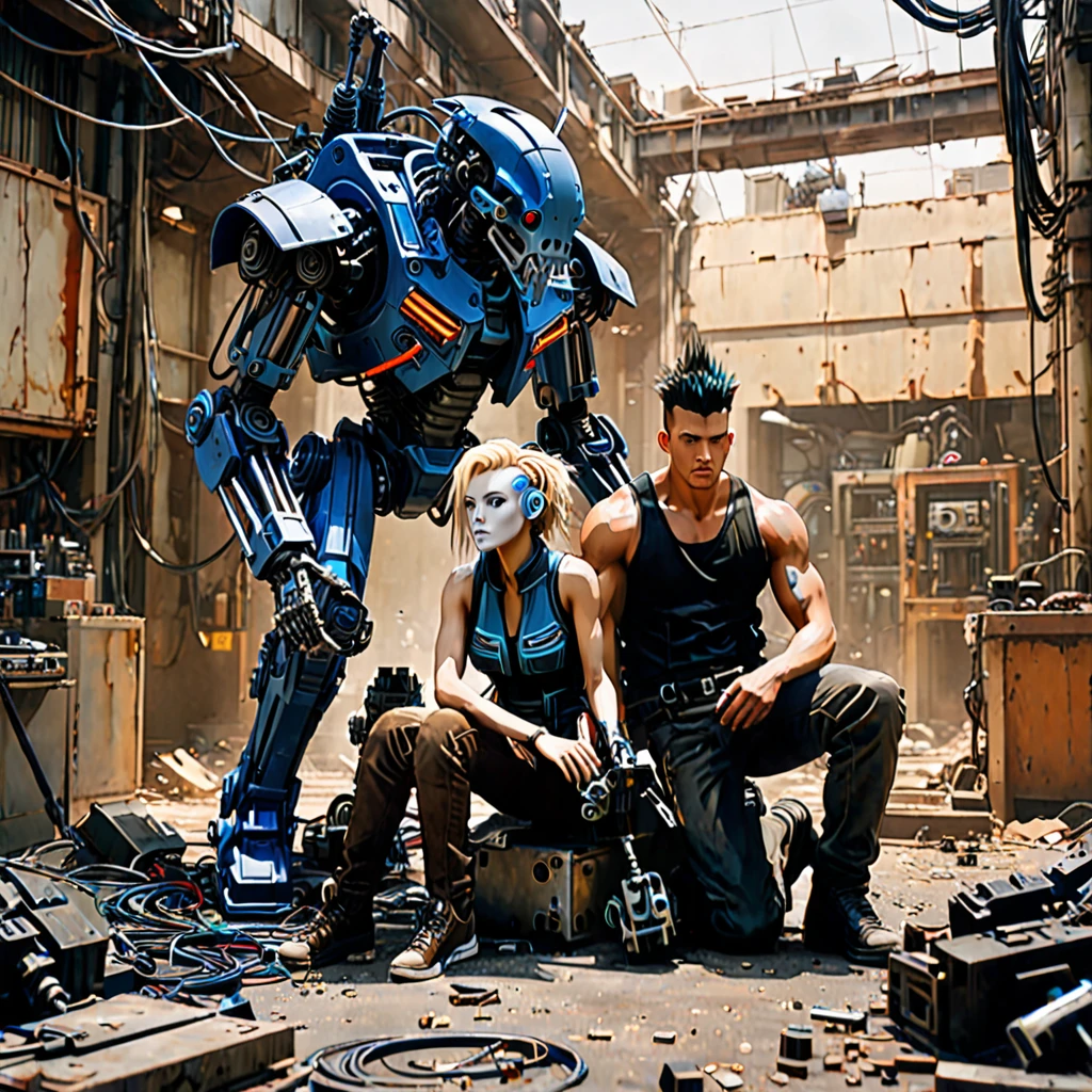 Create an image featuring two central characters surrounded by a chaotic assemblage of mechanical and cybernetic parts. The figure on the left is seated, with fair skin and shoulder-length blonde hair, wearing a gray tank top, brown pants, and cobalt blue shoulder armor. They are holding a colorful sneaker and focusing on repairing it. The figure on the right is kneeling with medium skin tone, sporting a large black mohawk. They wear a sleeveless shirt, dark pants, and examine a small, grotesque cybernetic head with exposed wires and a partial skull. Both display an atmosphere of concentration and are engaged in their tasks in a setting littered with robotic limbs, wires and cybernetic debris. A variety of lights and holographic projections emerge from the technological detritus, casting ambient lighting. The environment should evoke a post-apocalyptic sci-fi setting with a warm, sepia-toned background that subtly blends into a clear, clear sky.