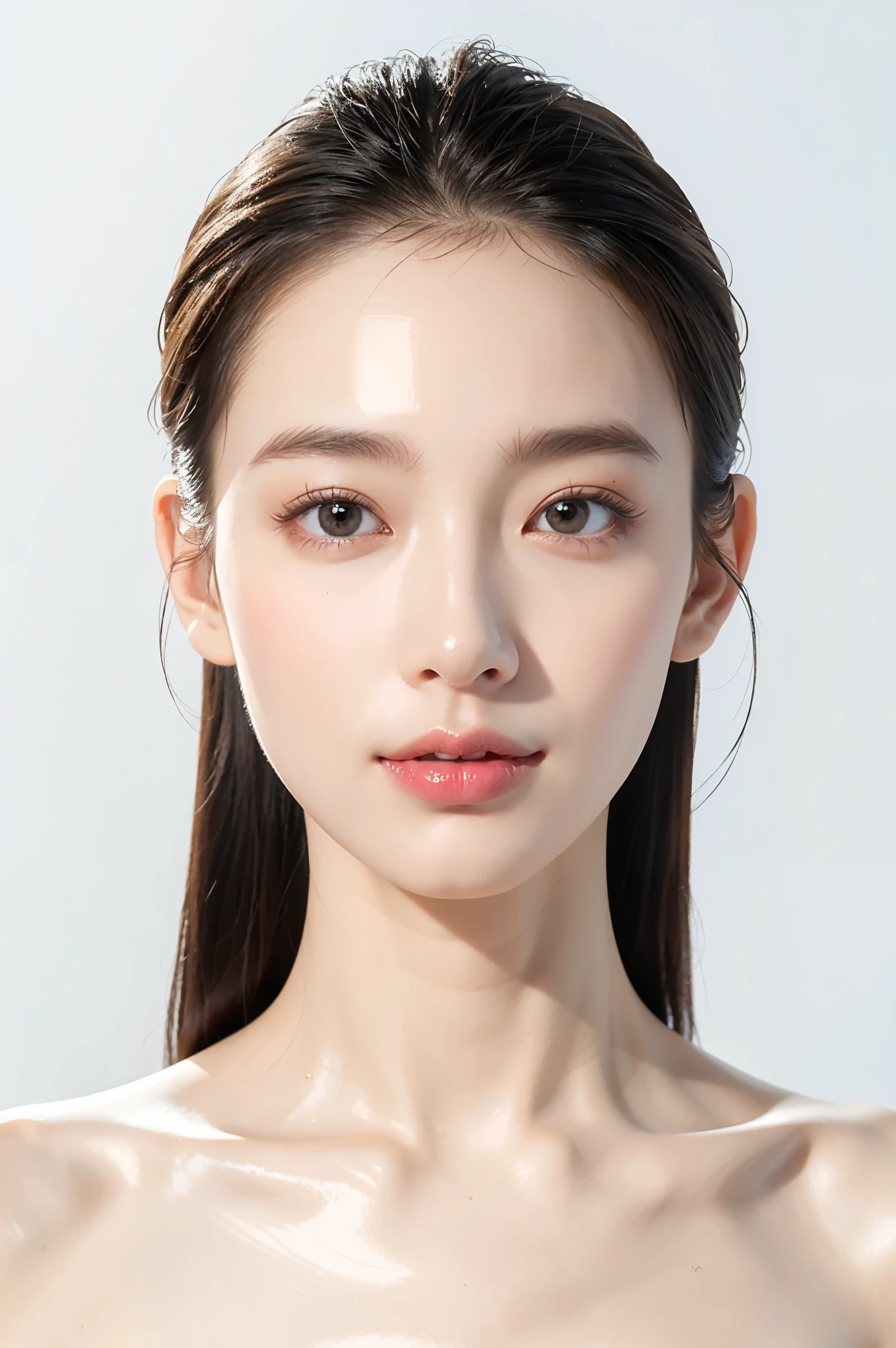 (highest quality、Tabletop、8k、Best image quality、Award-winning works)、(Face close-up:1.1)、(Pure white background:1.2)、nude、Closed lips、Perfect beautiful face、Shiny beautiful skin、Perfect Makeup