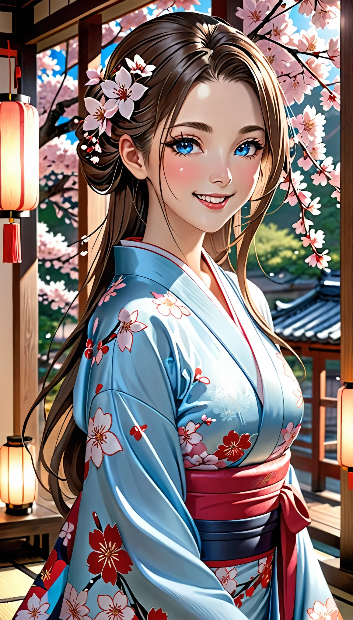 masterpiece、Top quality、16K UHD、 A Japanese-style room decorated with cherry blossoms and lanterns、one person、Enchanting、Provocative Gaze、Blushing、Open Mouth Smile、Flowing kimono、Brown hair cascading down her back、Blue eyes sparkling with admiration、Her long hair flows gently behind her、Detailed facial features、Photorealistic images、((Very detailed))、(Fully detailed face)、 (Very detailedな手)、High school girl in a sexy kimono
