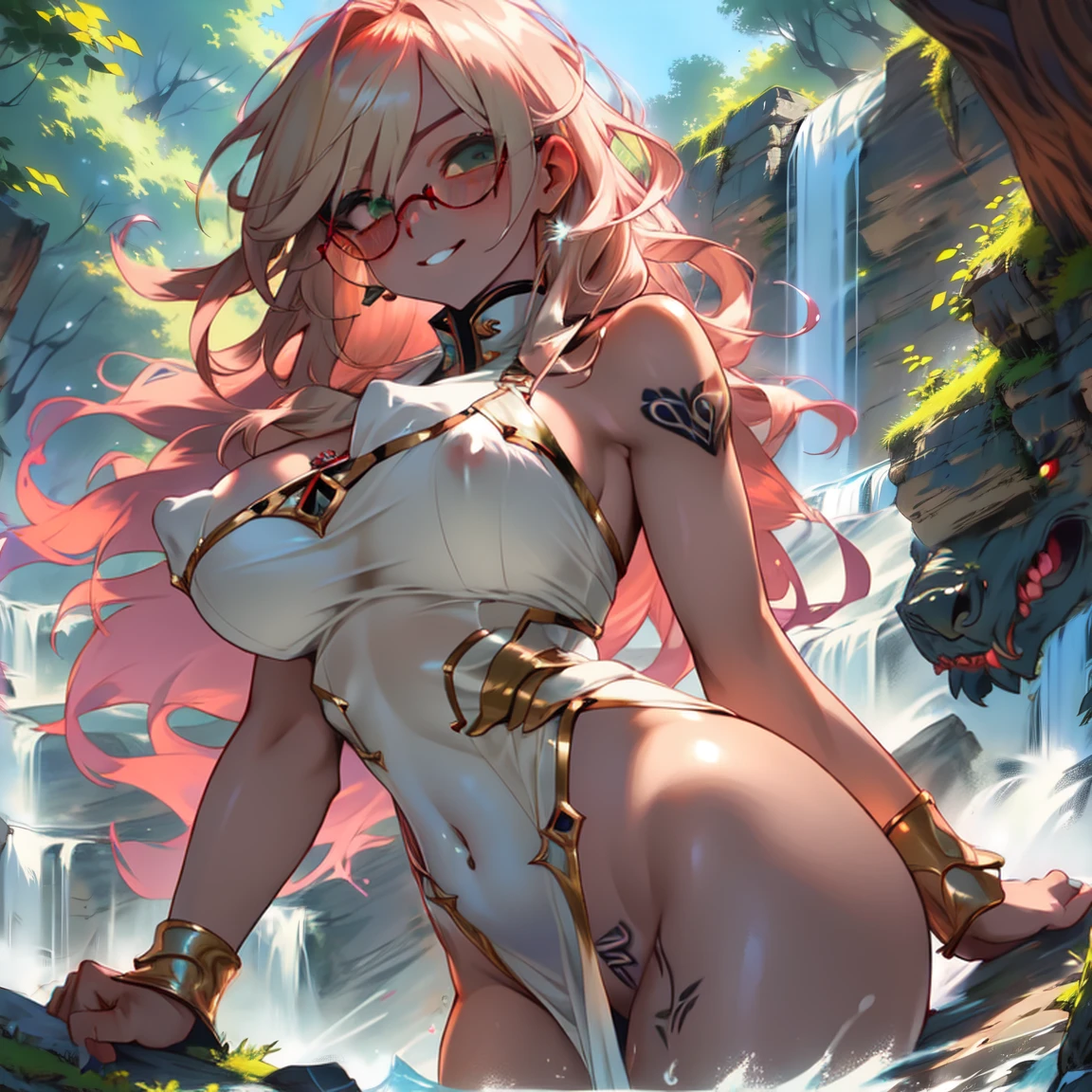 (masterpiece, best quality:1.2), cowboy shot, (solo, 1girl):1.3, glasses, long fluffy pink hair, gorgeous body, cowboy shot, slight smile, crop top, (sexy very transparent (brown) leotard), stomach, navel exposed, natural huge breasts, brown breast nipples shown under the transparency of the leotard, tanned skin, wet body and clothes, sexual pose in a gorgeous waterfall lying down in a tranquil forest.