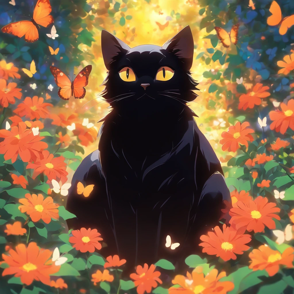 Black cat sitting、Watch the butterflies fly among the flowers