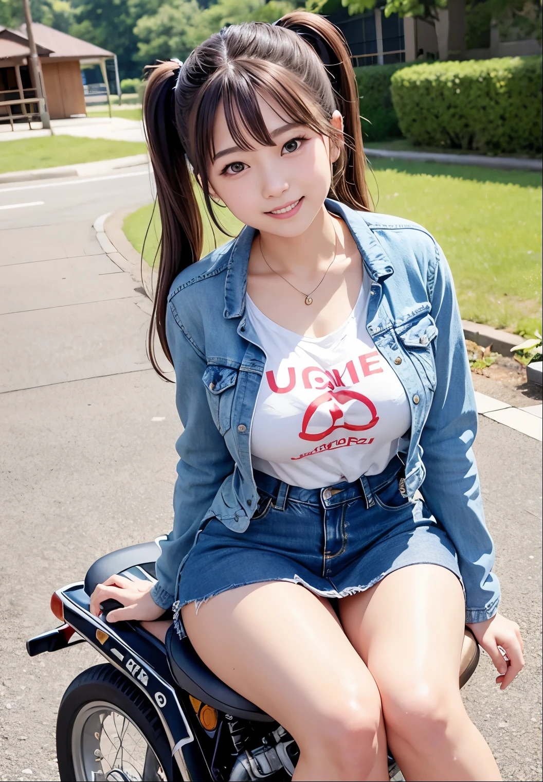 (highest quality,masterpiece:1.3,Ultra-high resolution),(Very detailed、Caustics) (Realistic:1.4, RAW shooting、)Ultra-Realistic Capture、Very detailed、Natural skin texture、masterpiece、(Japanese woman wearing a t-shirt, mini jeans skirt and jacket:1.3), Adorable expression、Expressions of happiness、14 years old、Height: 160cm、Young Face、Amazingly cute、Twin tails、Straight hair、Scrunchie、Black Hair、light makeup、necklace、H cup big breasts、Shining thighs、Background in detail、smile、An inviting gaze、Anatomically correct、Cowboy Shot、Attention to detail、Photographed on the main street of a summer resort、Empty Hands、sequin t-shirt、Riding a motorcycle