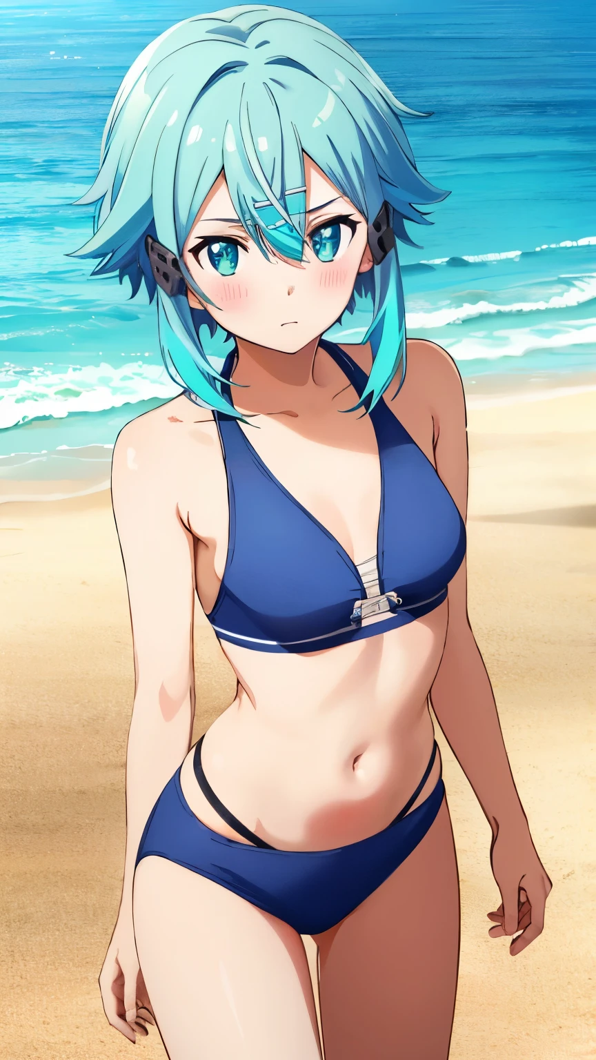 (Top Quality, Masterpiece, 8k:1.2), Ultra Detailed, High Resolution, Anime, 1 Girl, Solo, EPsoaSinon, Short Hair, Light Blue Hair, Detailed Jewel Eyes, Hair Between Eyes, Small breasts, (Hair Accessory:1.2), Hair Clip, Side Locks, Short Hair With Long Hair, (bikini, swimsuit, Beach, Blush:1.1), dynamic Angle, Cowboy Shot,looking at viewer,